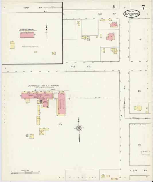 Sanborn Fire Insurance Map from Blackstone, Nottoway County, Virginia (1913), Sheet #0007 - Historic Sanborn Fire Insurance Map Print, vintage old map wall art, antique decor, genealogy gift, Virginia Virginia map