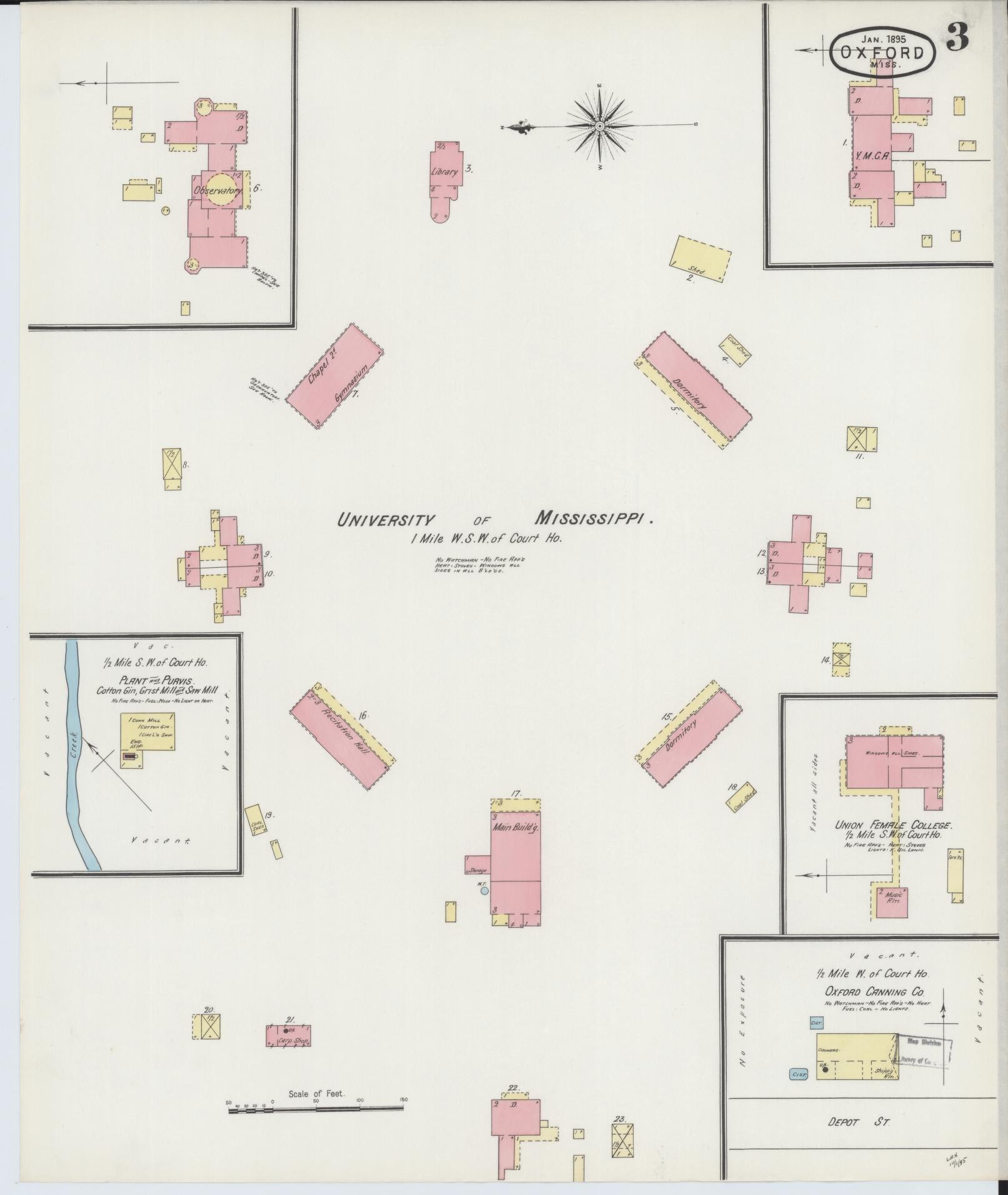 Sanborn Fire Insurance Map from Oxford, Lafayette County, Mississippi (1895), Sheet #0003 - Complete Map Set gallery image, historic Sanborn map, vintage wall art, Mississippi Mississippi