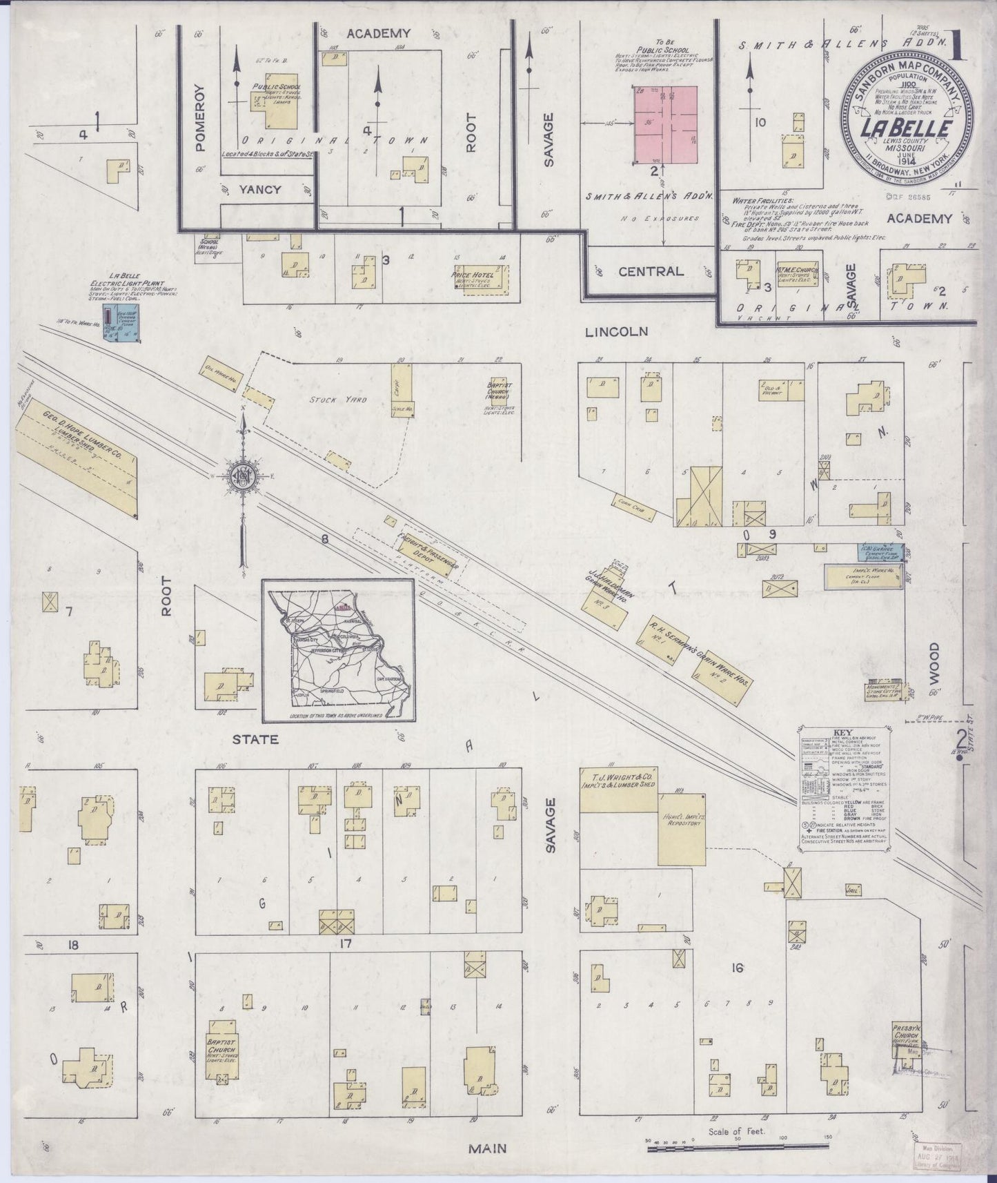 Sanborn Fire Insurance Map from La Belle, Lewis County, Missouri (1914), Sheet #0001 - Complete Map Set gallery image, historic Sanborn map, vintage wall art, Missouri Missouri