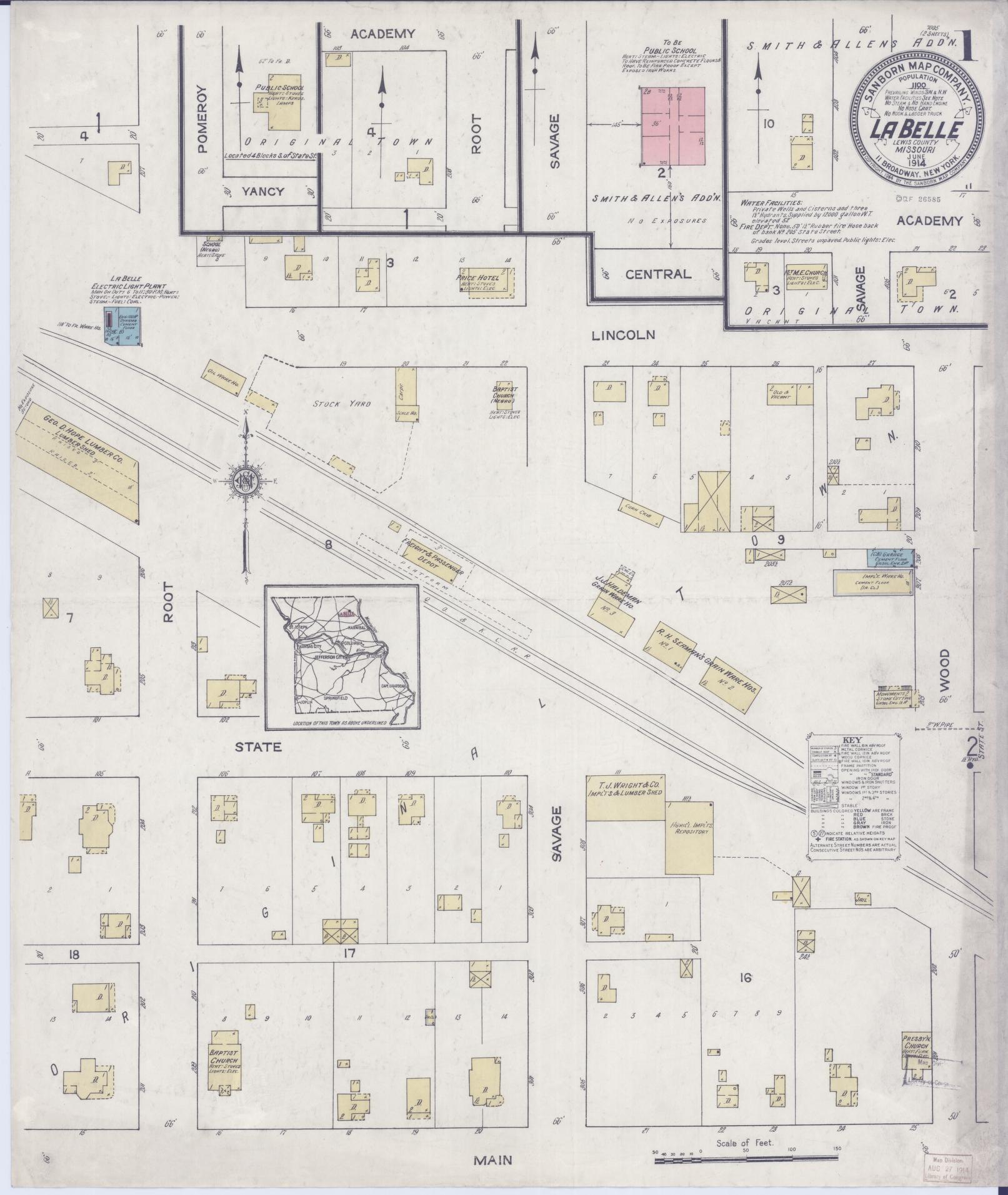 Sanborn Fire Insurance Map from La Belle, Lewis County, Missouri (1914), Sheet #0001 - Complete Map Set gallery image, historic Sanborn map, vintage wall art, Missouri Missouri