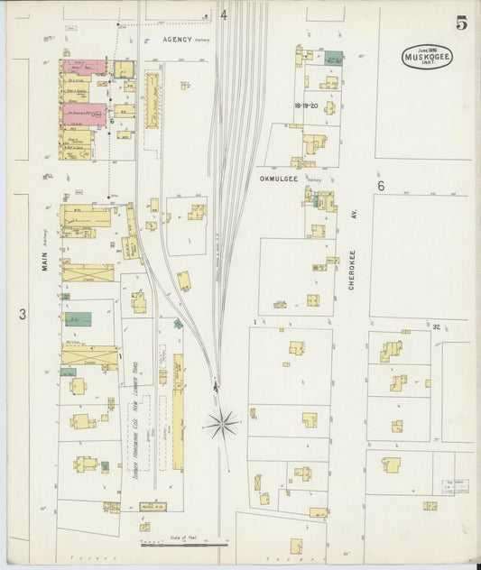 Sanborn Fire Insurance Map from Muskogee, Muskogee County, Oklahoma (1896), Sheet #0005 - Historic Sanborn Fire Insurance Map Print, vintage old map wall art, antique decor, genealogy gift, Oklahoma Oklahoma map