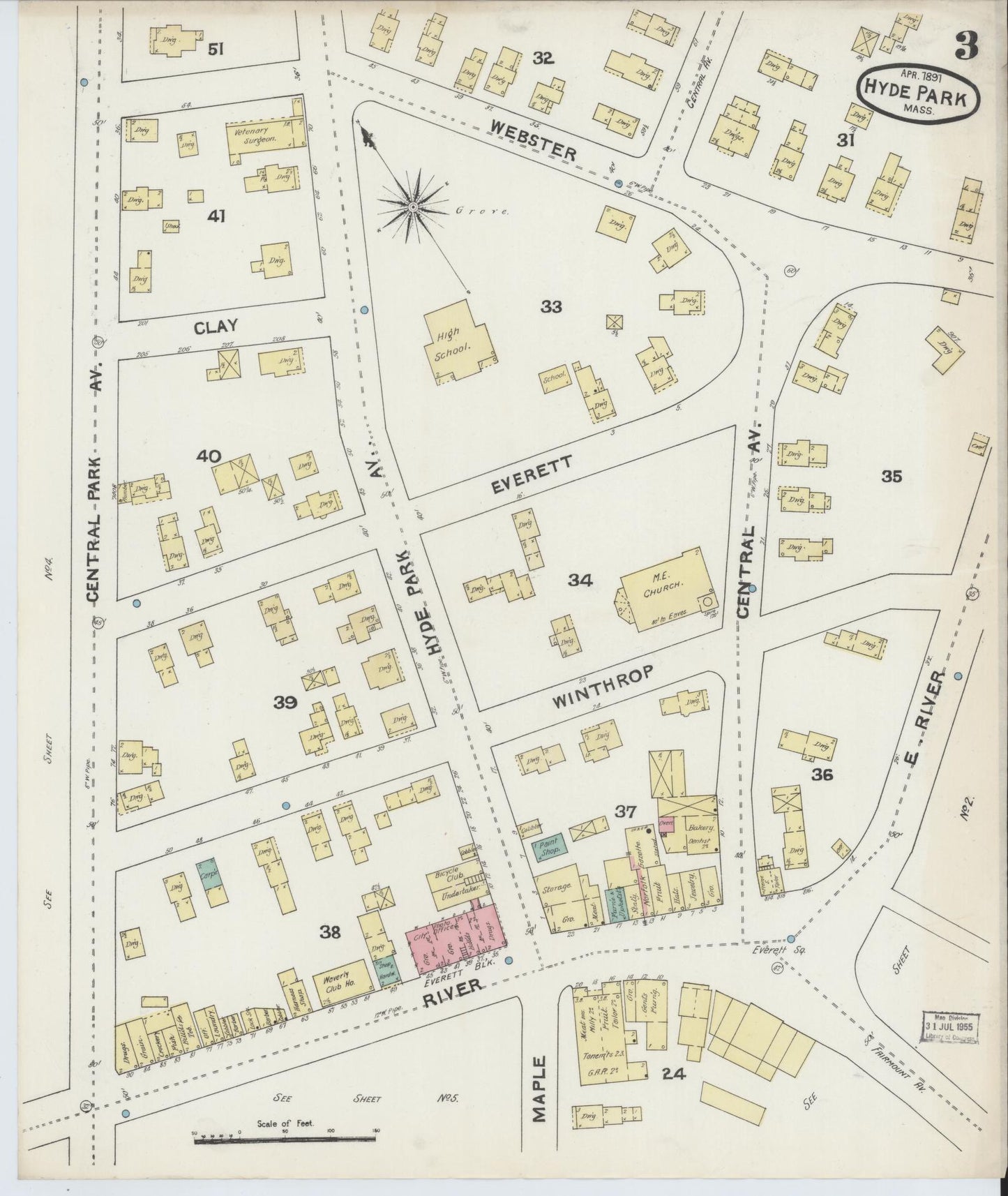 Sanborn Fire Insurance Map from Hyde Park, Norfolk County, Massachusetts (1891), Sheet #0003 - Complete Map Set gallery image, historic Sanborn map, vintage wall art, Massachusetts Massachusetts