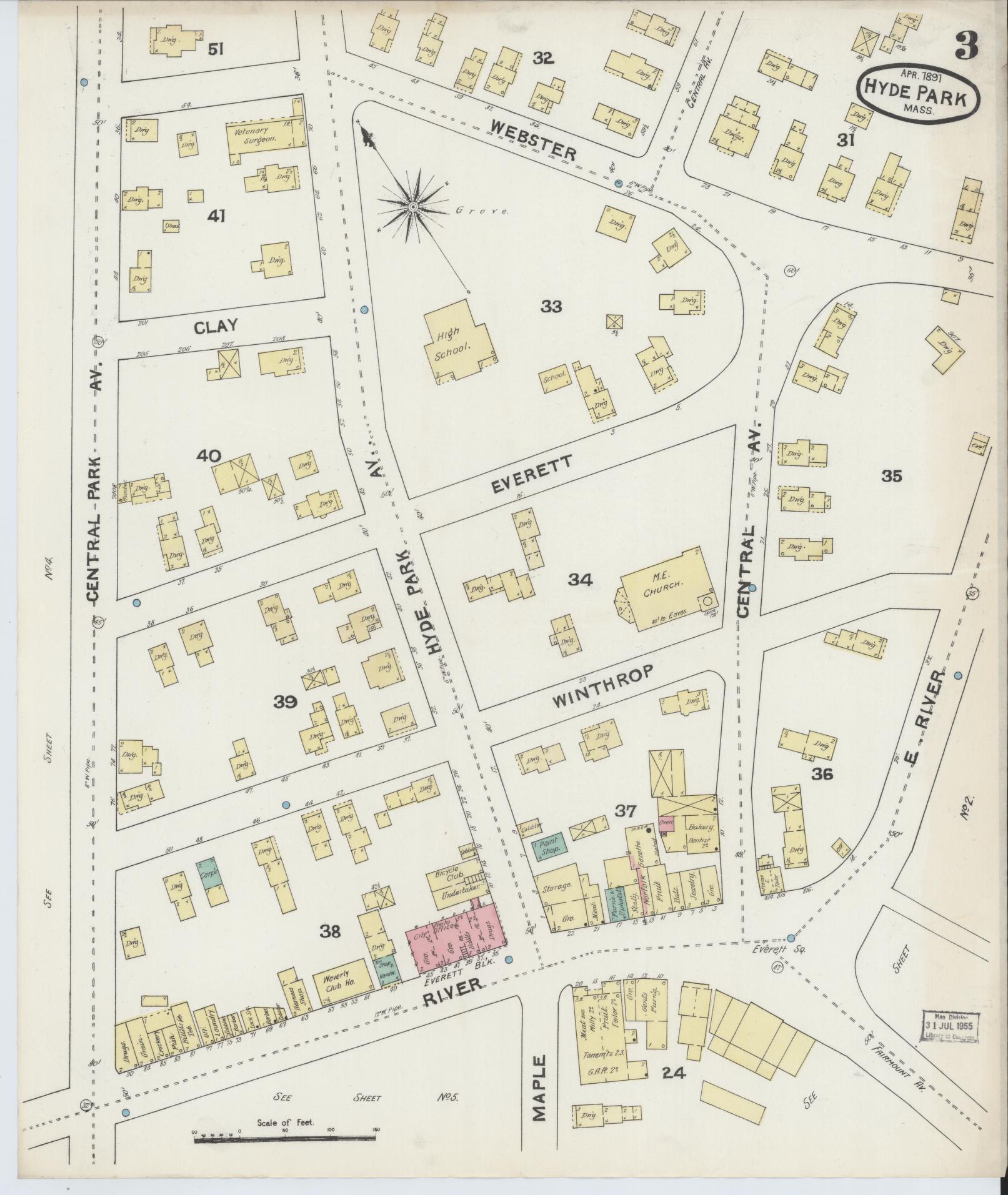 Sanborn Fire Insurance Map from Hyde Park, Norfolk County, Massachusetts (1891), Sheet #0003 - Complete Map Set gallery image, historic Sanborn map, vintage wall art, Massachusetts Massachusetts
