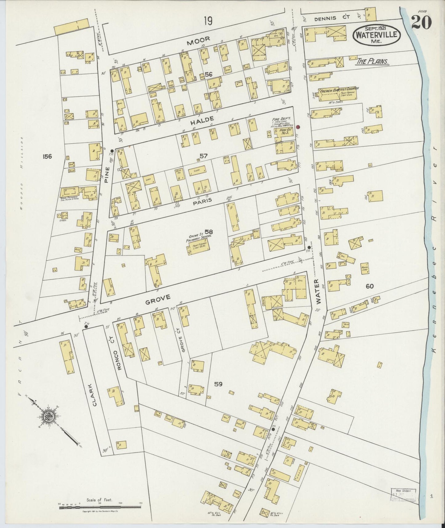 Sanborn Fire Insurance Map from Waterville, Kennebec County, Maine (1921), Sheet #0020 - Complete Map Set gallery image, historic Sanborn map, vintage wall art, Maine Maine