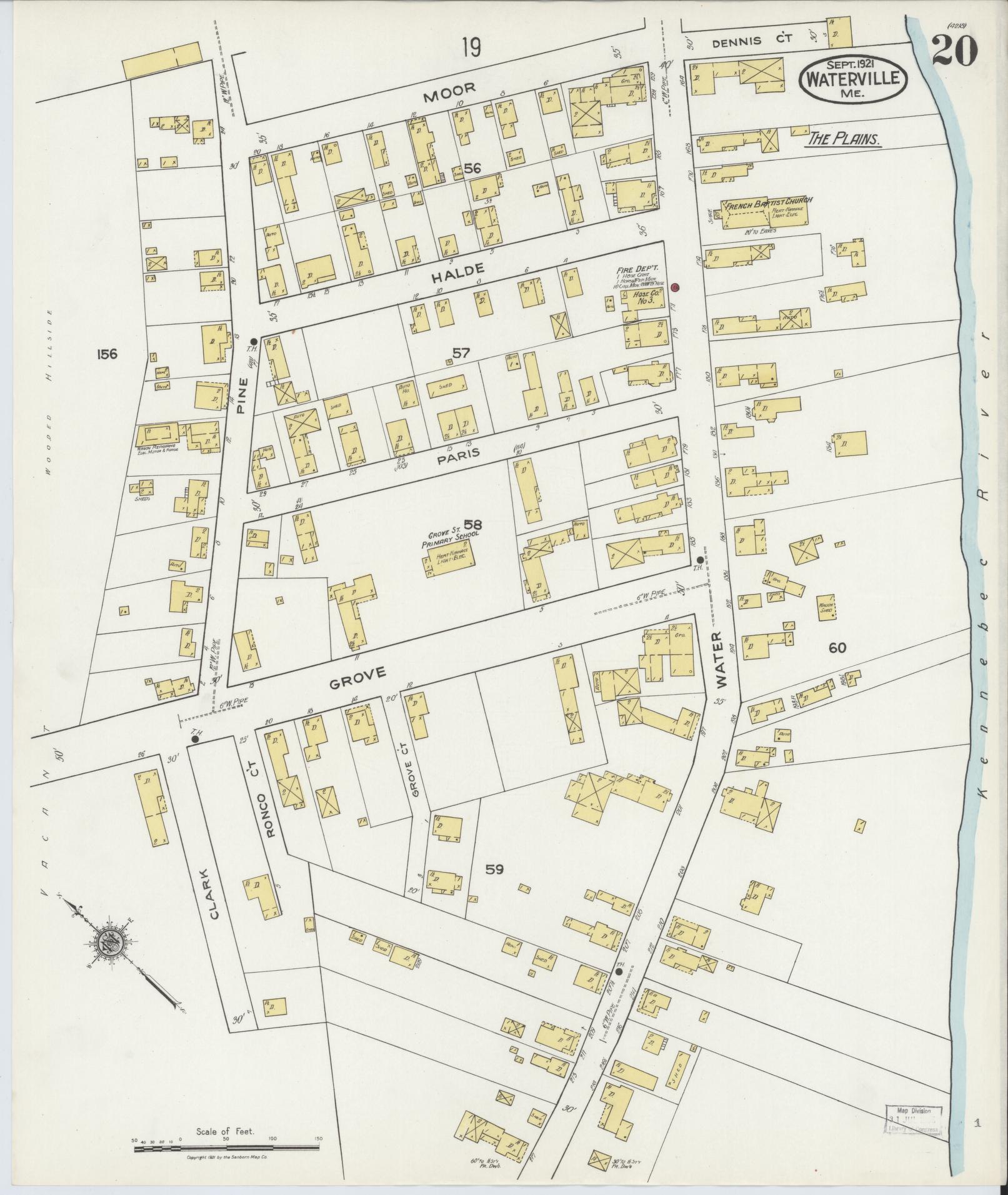 Sanborn Fire Insurance Map from Waterville, Kennebec County, Maine (1921), Sheet #0020 - Complete Map Set gallery image, historic Sanborn map, vintage wall art, Maine Maine