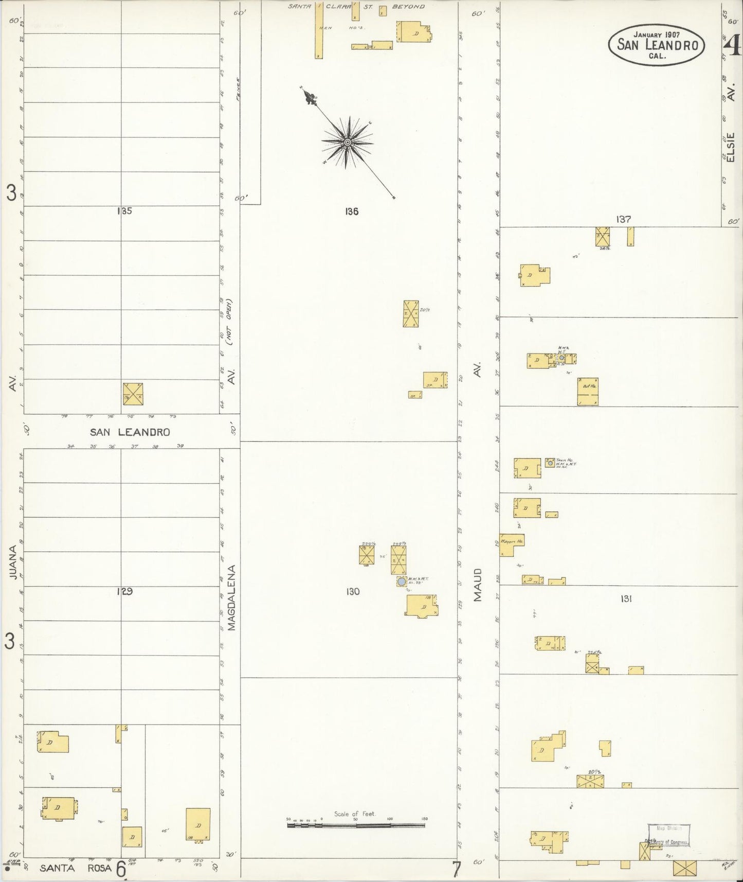 Sanborn Fire Insurance Map from San Leandro, Alameda County, California (1907), Sheet #0004 - Complete Map Set gallery image, historic Sanborn map, vintage wall art, California California