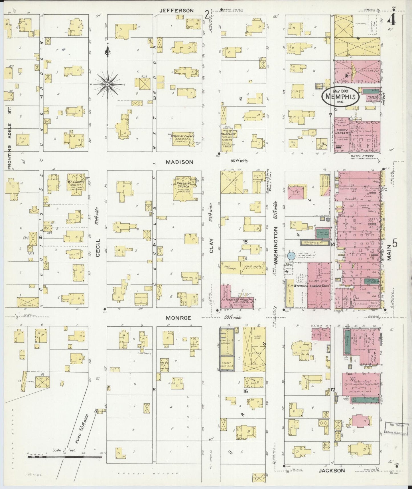 Sanborn Fire Insurance Map from Memphis, Scotland County, Missouri (1909), Sheet #0004 - Historic Sanborn Fire Insurance Map Print, vintage old map wall art, antique decor, genealogy gift, Missouri Missouri map