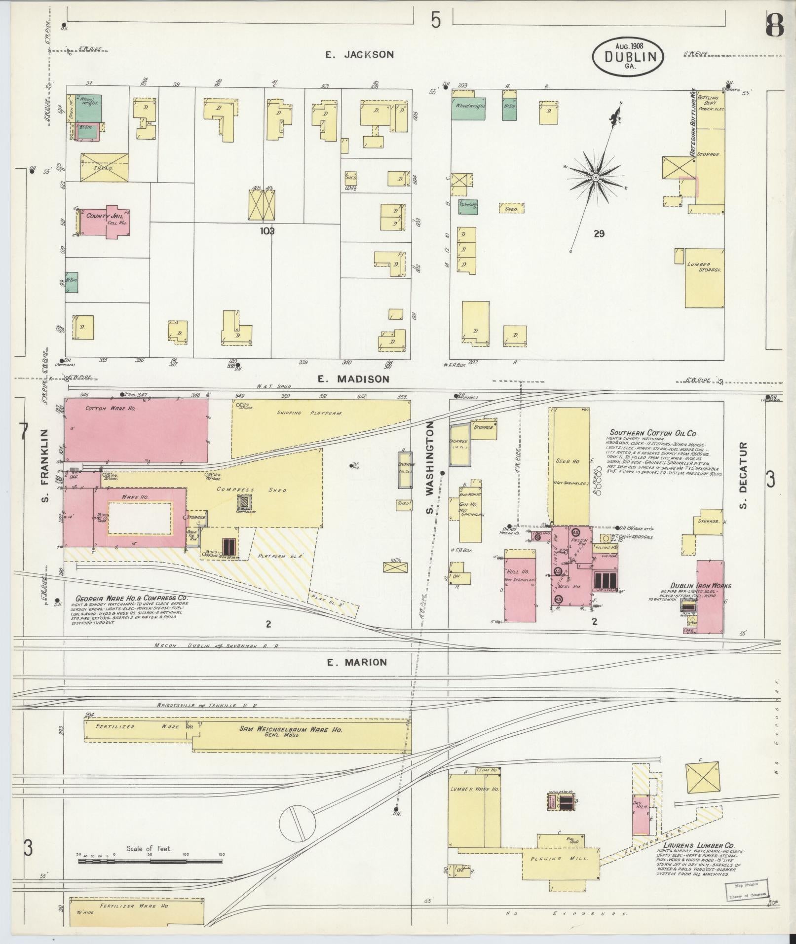 Sanborn Fire Insurance Map from Dublin, Laurens County, Georgia (1908), Sheet #0008 - Complete Map Set gallery image, historic Sanborn map, vintage wall art, Georgia Georgia