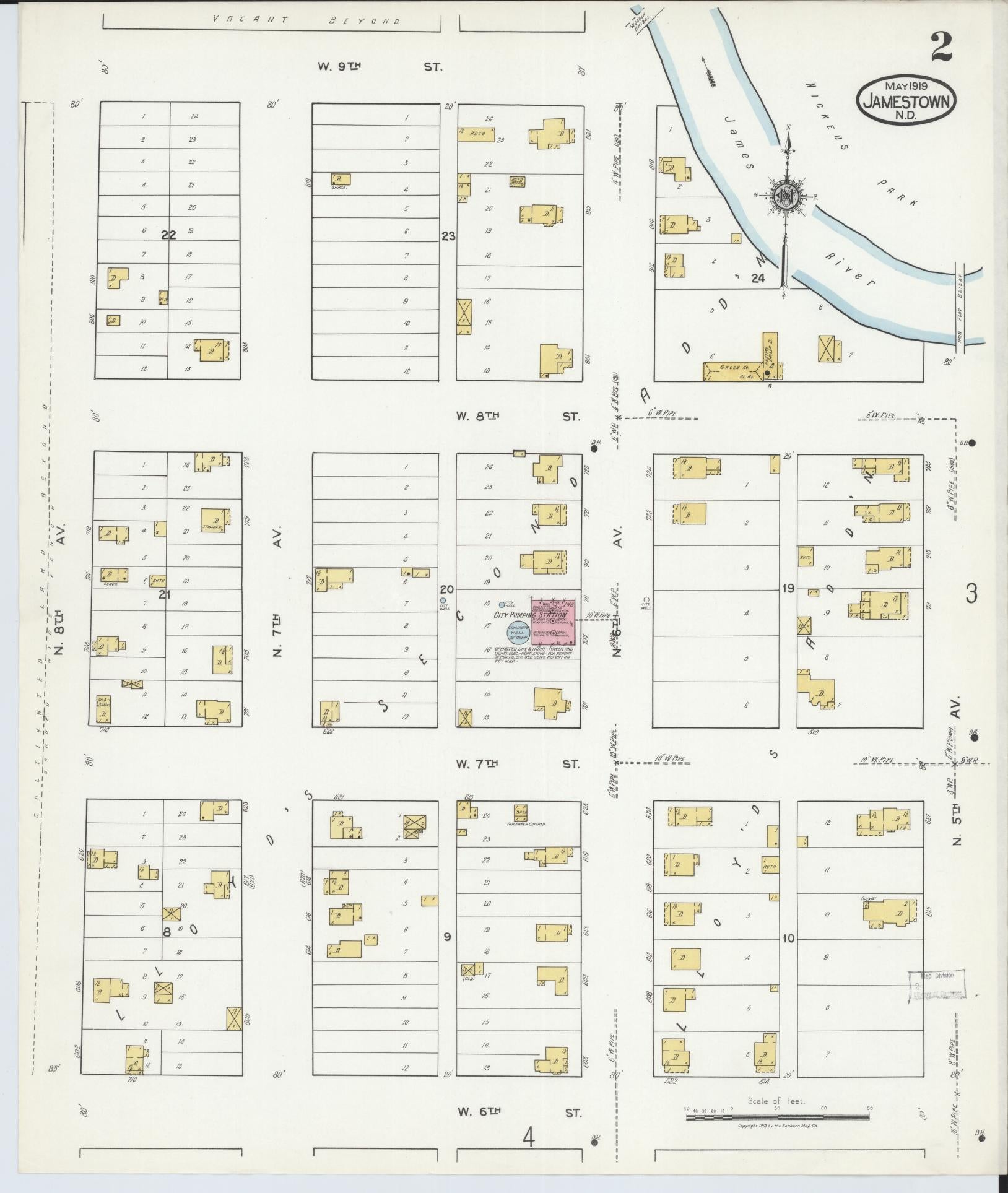 Sanborn Fire Insurance Map from Jamestown, Stutsman County, North Dakota (1919), Sheet #0002 - Historic Sanborn Fire Insurance Map Print, vintage old map wall art, antique decor, genealogy gift, North Dakota North Dakota map