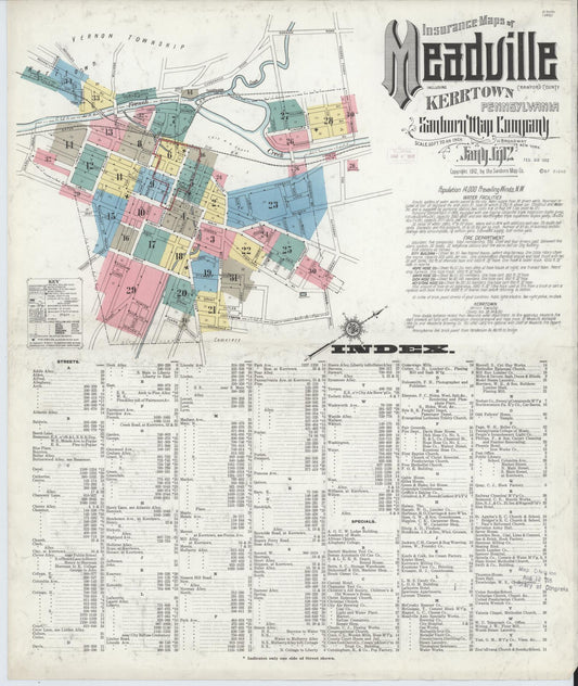 Sanborn Fire Insurance Map from Meadville, Crawford County, Pennsylvania (1912), Sheet #0001 - Historic Sanborn Fire Insurance Map Print, vintage old map wall art, antique decor, genealogy gift, Pennsylvania Pennsylvania map