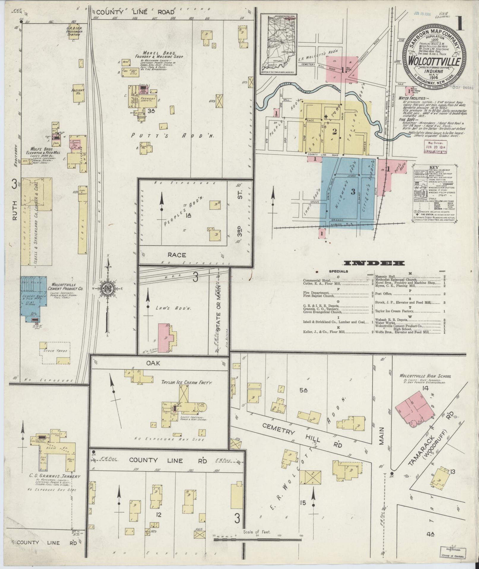 Sanborn Fire Insurance Map from Wolcottville, Noble And LaGrange Counties, Indiana (1914), Sheet #0001 - Historic Sanborn Fire Insurance Map Print, vintage old map wall art, antique decor, genealogy gift, Indiana Indiana map