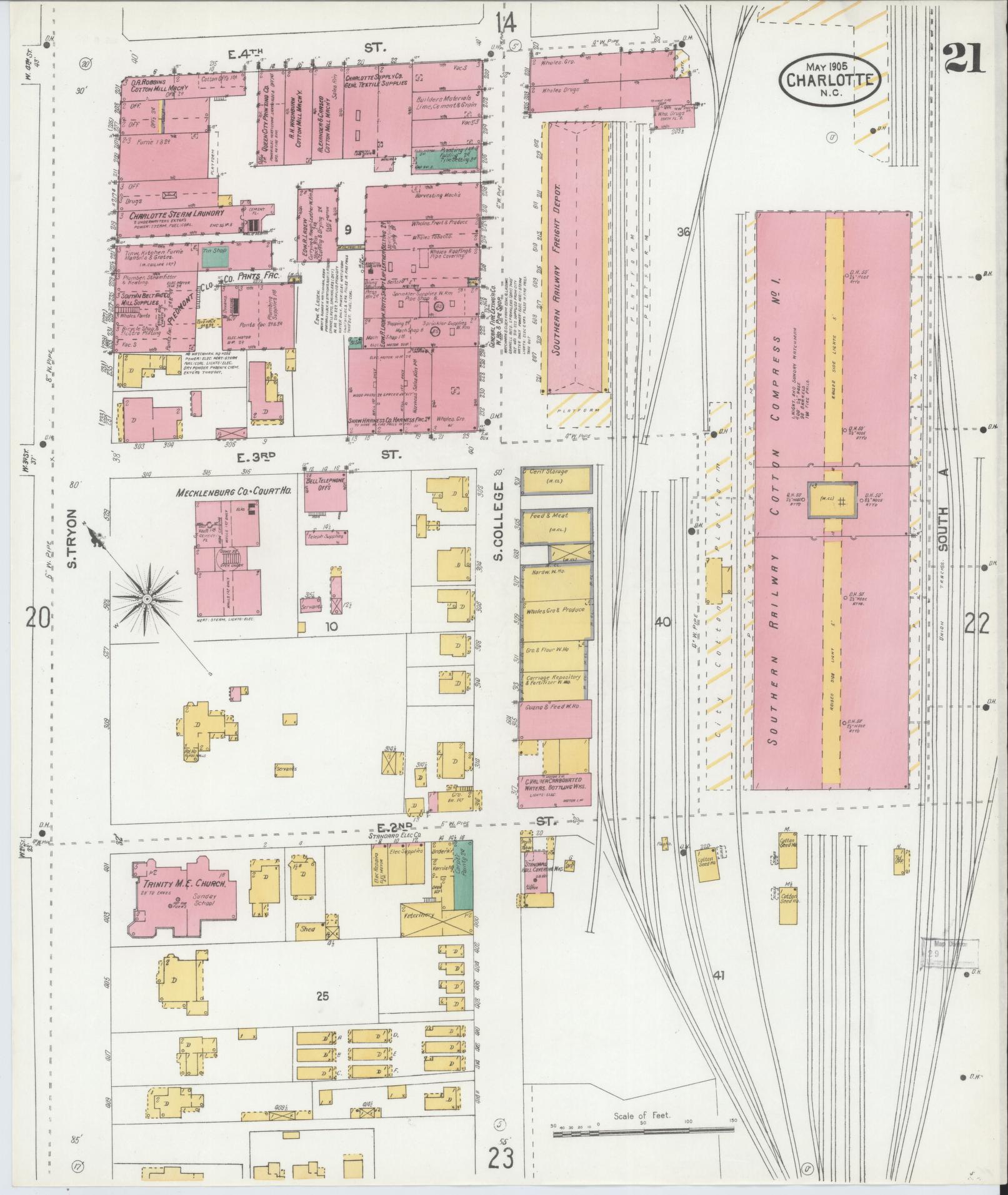 Sanborn Fire Insurance Map from Charlotte, Mecklenburg County, North Carolina (1905), Sheet #0021 - Historic Sanborn Fire Insurance Map Print, vintage old map wall art, antique decor, genealogy gift, North Carolina North Carolina map