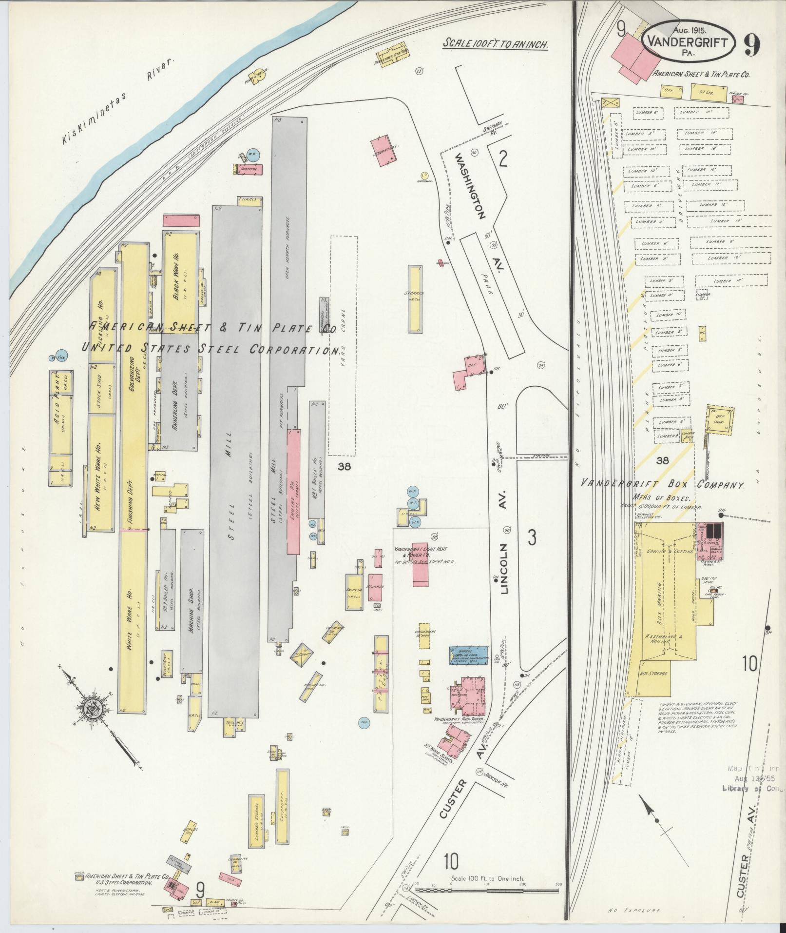 Sanborn Fire Insurance Map from Vandergrift, Westmoreland County, Pennsylvania (1915), Sheet #0009 - Historic Sanborn Fire Insurance Map Print, vintage old map wall art, antique decor, genealogy gift, Pennsylvania Pennsylvania map