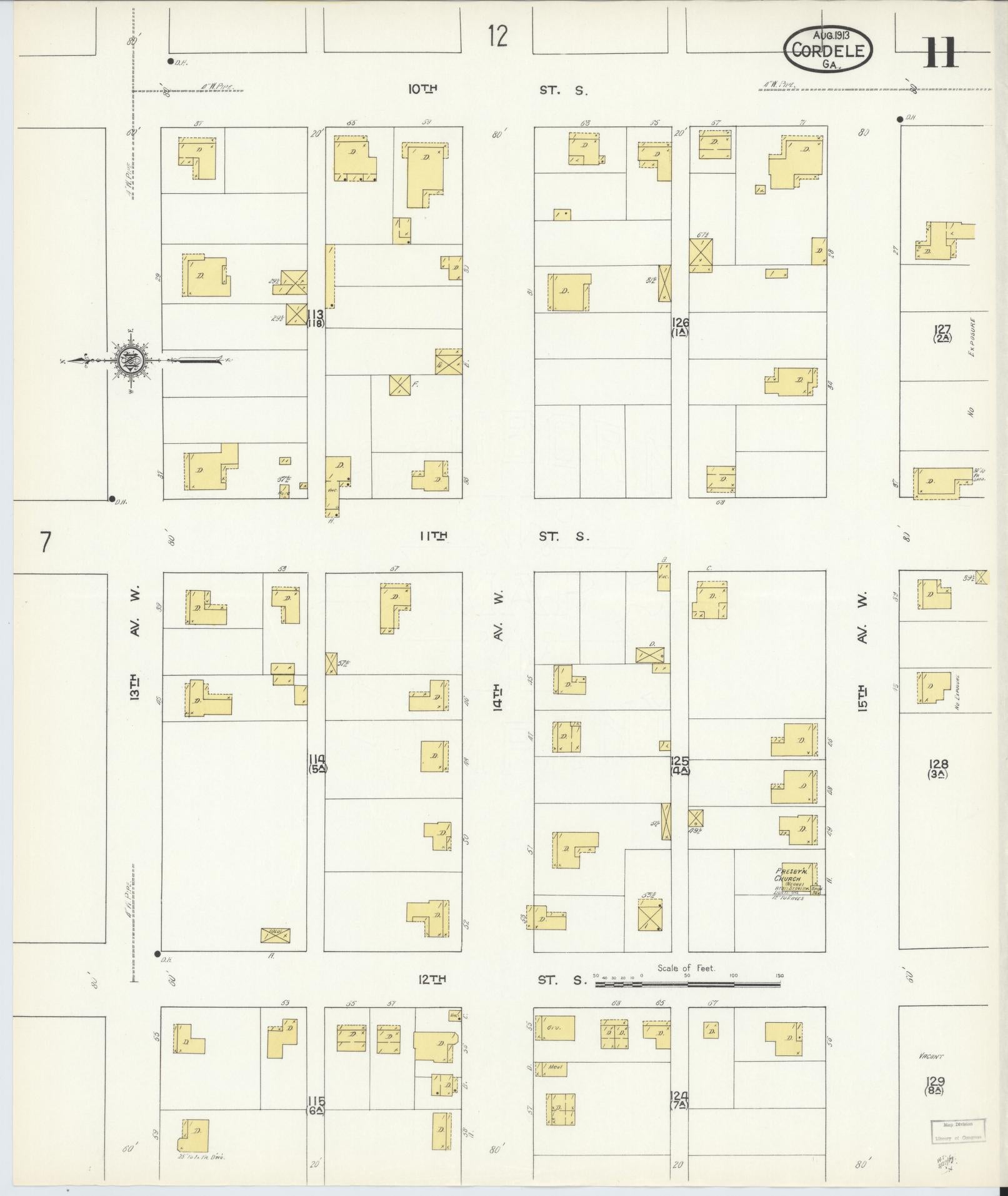 Sanborn Fire Insurance Map from Cordele, Crisp County, Georgia (1913), Sheet #0011 - Historic Sanborn Fire Insurance Map Print, vintage old map wall art, antique decor, genealogy gift, Georgia Georgia map