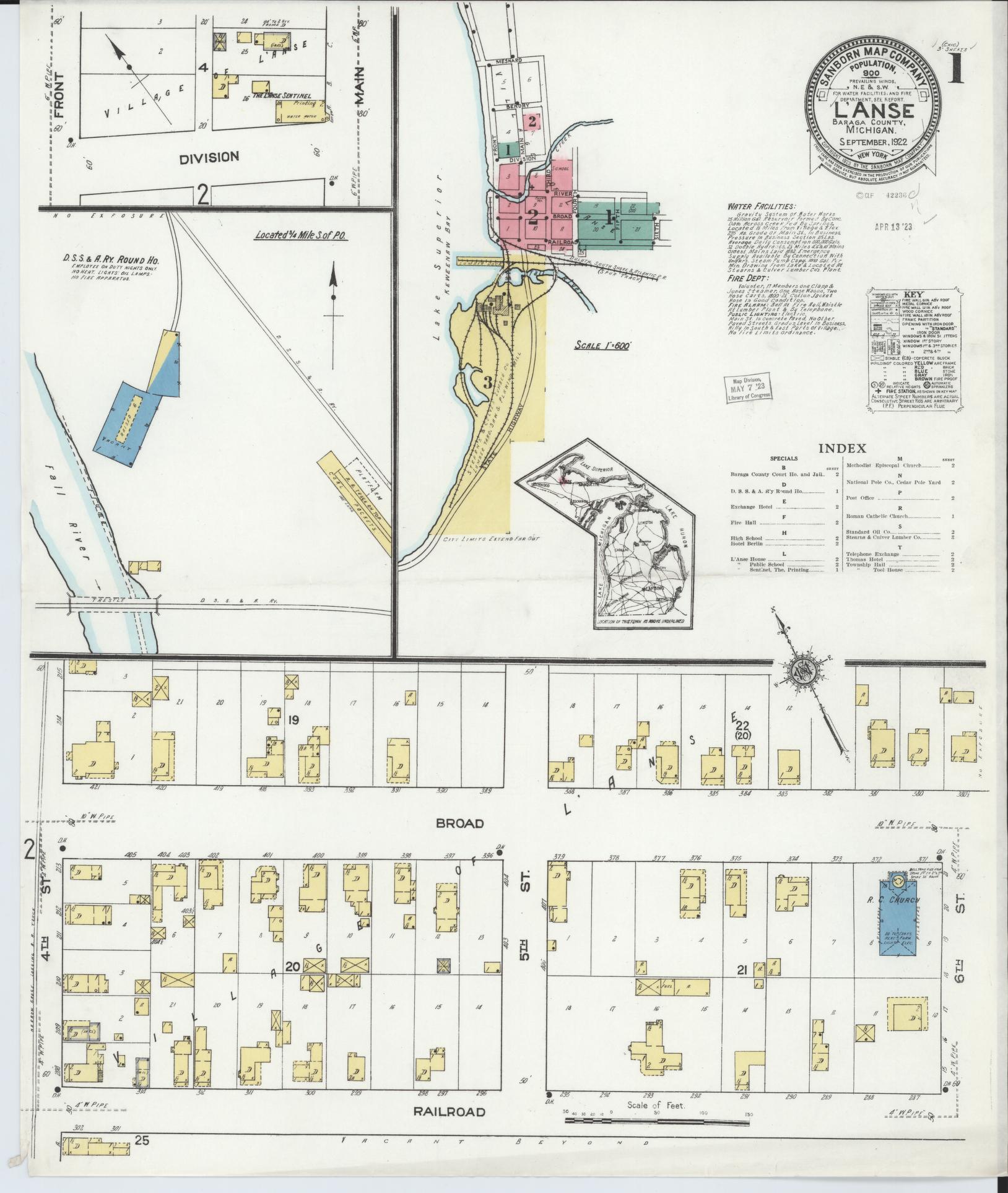 Sanborn Fire Insurance Map from L'Anse, Baraga County, Michigan (1922), Sheet #0001 - Complete Map Set gallery image, historic Sanborn map, vintage wall art, Michigan Michigan