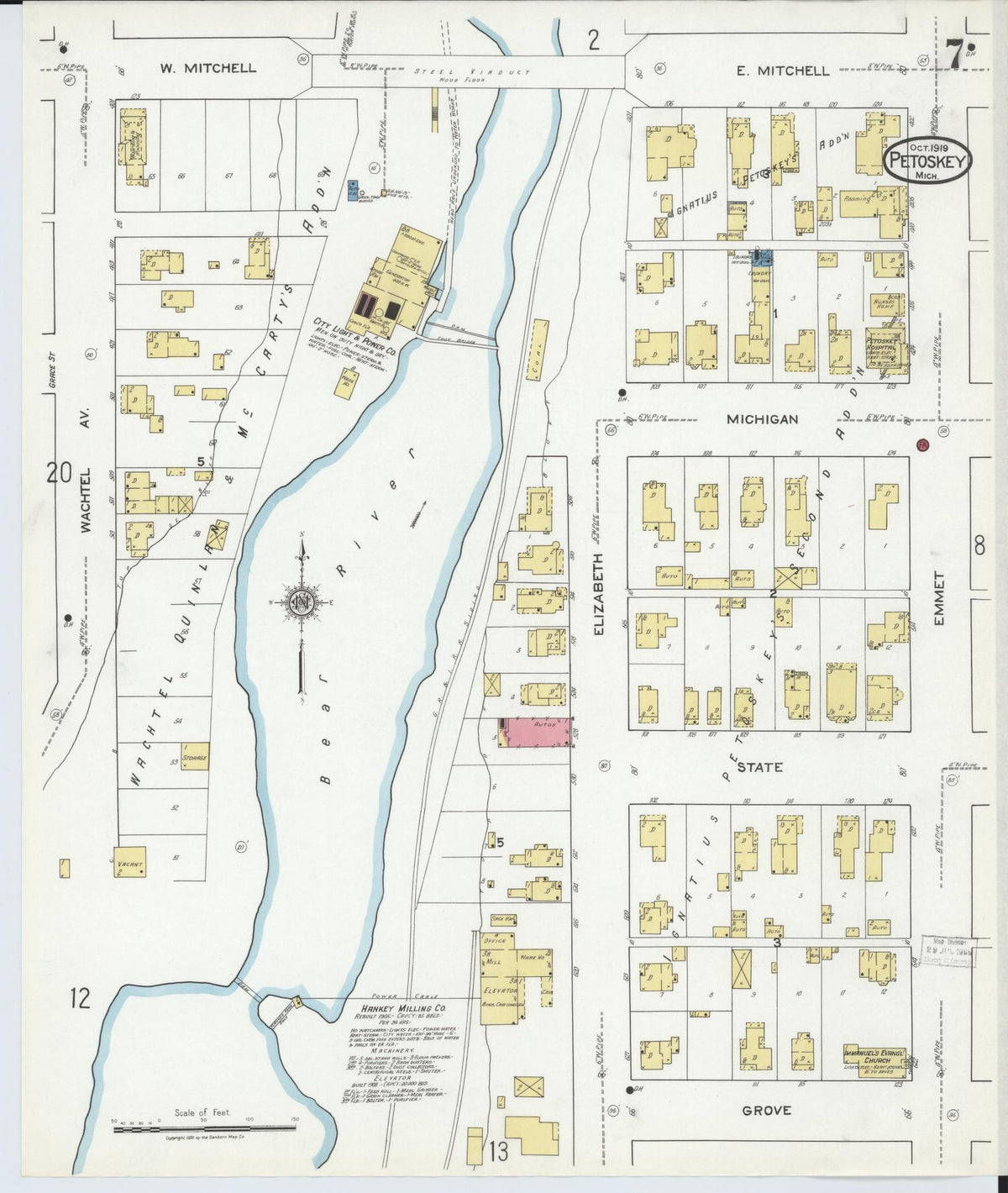 Sanborn Fire Insurance Map from Petoskey, Emmet County, Michigan (1919), Sheet #0007 - Historic Sanborn Fire Insurance Map Print, vintage old map wall art, antique decor, genealogy gift, Michigan Michigan map