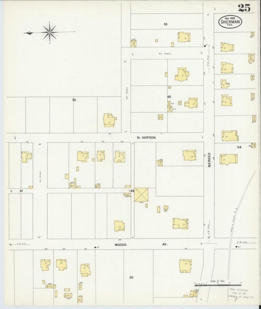 Sanborn Fire Insurance Map from Sherman, Grayson County, Texas (1908), Sheet #0025 - Historic Sanborn Fire Insurance Map Print, vintage old map wall art, antique decor, genealogy gift, Texas Texas map