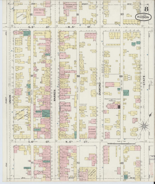 Sanborn Fire Insurance Map from Hudson, Columbia County, New York (1889), Sheet #0008 - Historic Sanborn Fire Insurance Map Print, vintage old map wall art, antique decor, genealogy gift, New York New York map