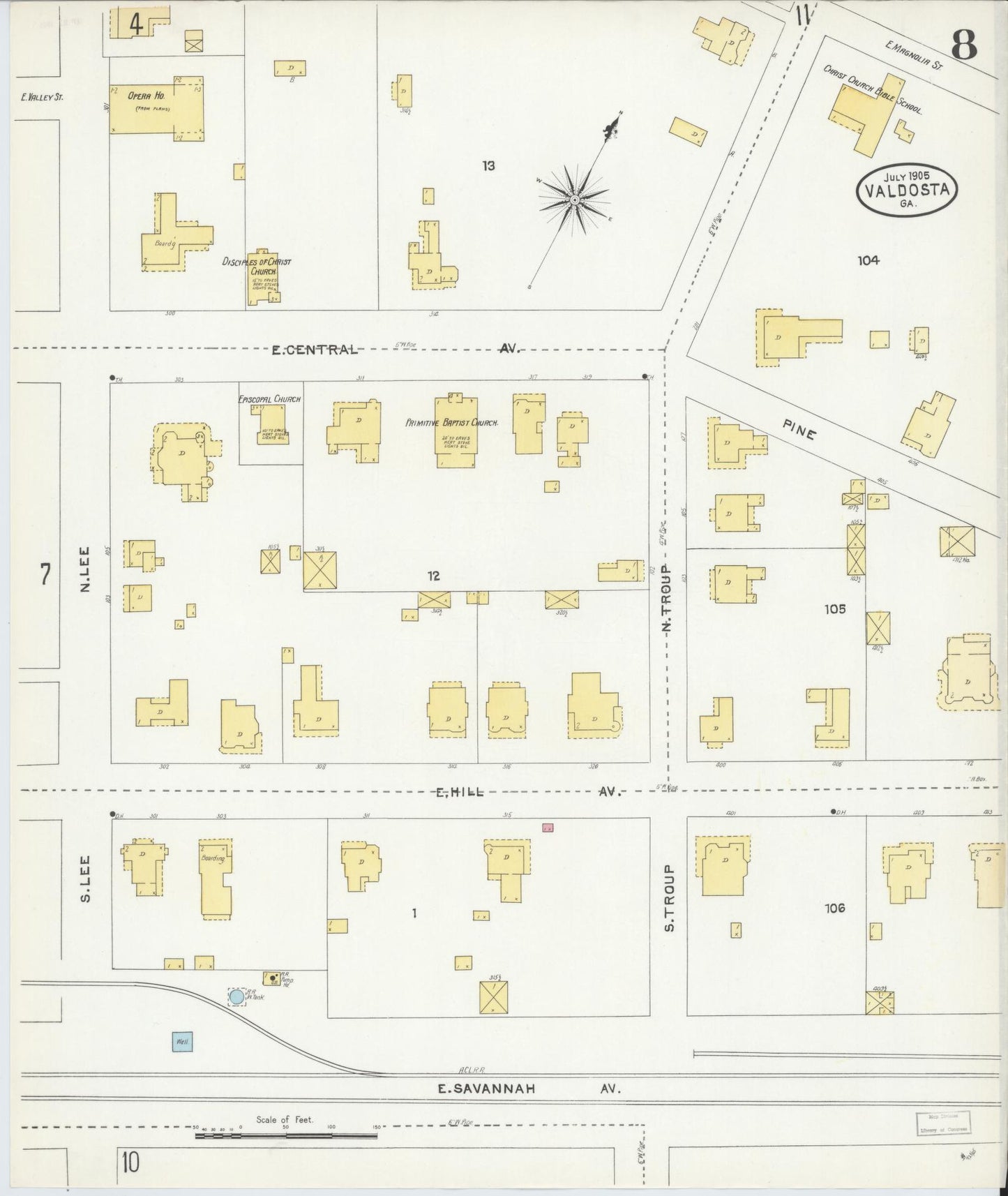 Sanborn Fire Insurance Map from Valdosta, Lowndes County, Georgia (1905), Sheet #0008 - Complete Map Set gallery image, historic Sanborn map, vintage wall art, Georgia Georgia