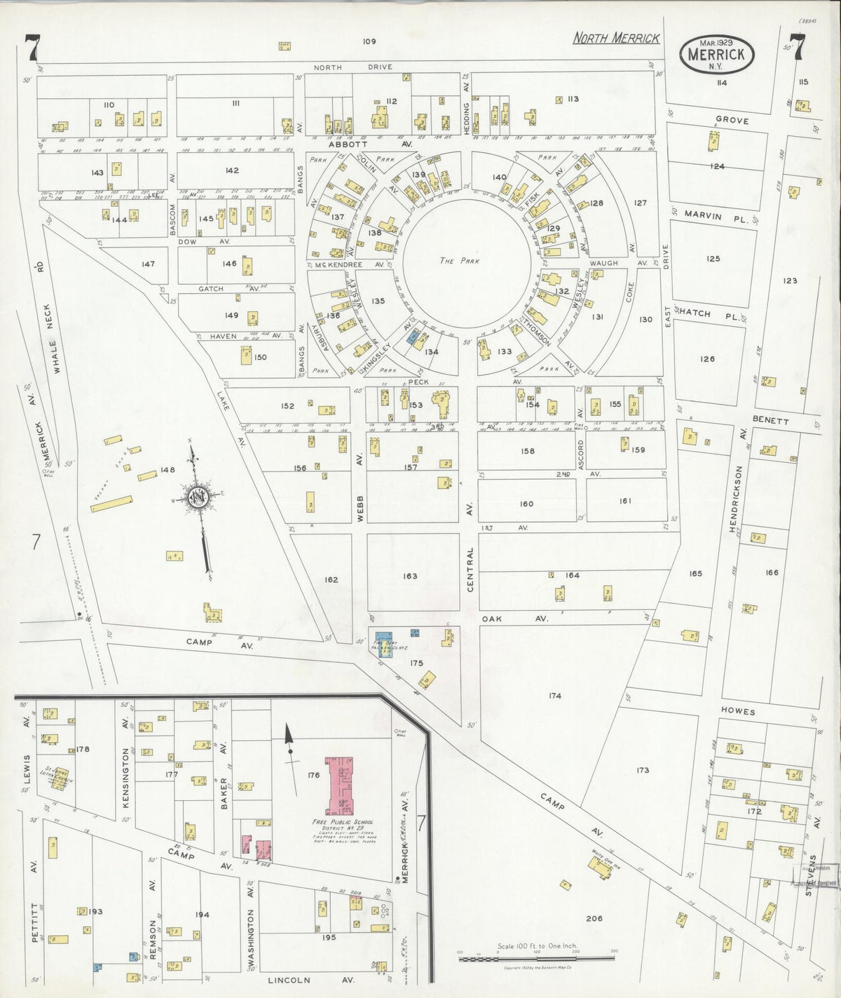 Sanborn Fire Insurance Map from Merrick, Nassau County, New York (1929), Sheet #0007 - Complete Map Set gallery image, historic Sanborn map, vintage wall art, New York New York