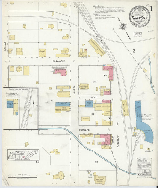 Sanborn Fire Insurance Map from Tracy City, Grundy County, Tennessee (1917), Sheet #0001 - Historic Sanborn Fire Insurance Map Print, vintage old map wall art, antique decor, genealogy gift, Tennessee Tennessee map