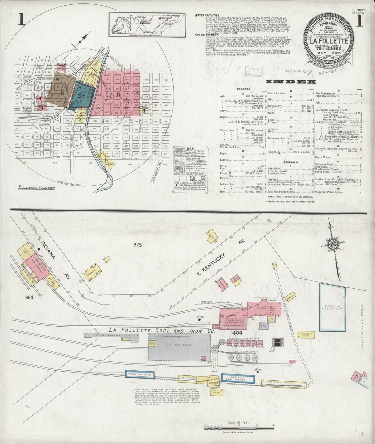 Sanborn Fire Insurance Map from La Follette, Campbell County, Tennessee (1925), Sheet #0001 - Historic Sanborn Fire Insurance Map Print, vintage old map wall art, antique decor, genealogy gift, Tennessee Tennessee map