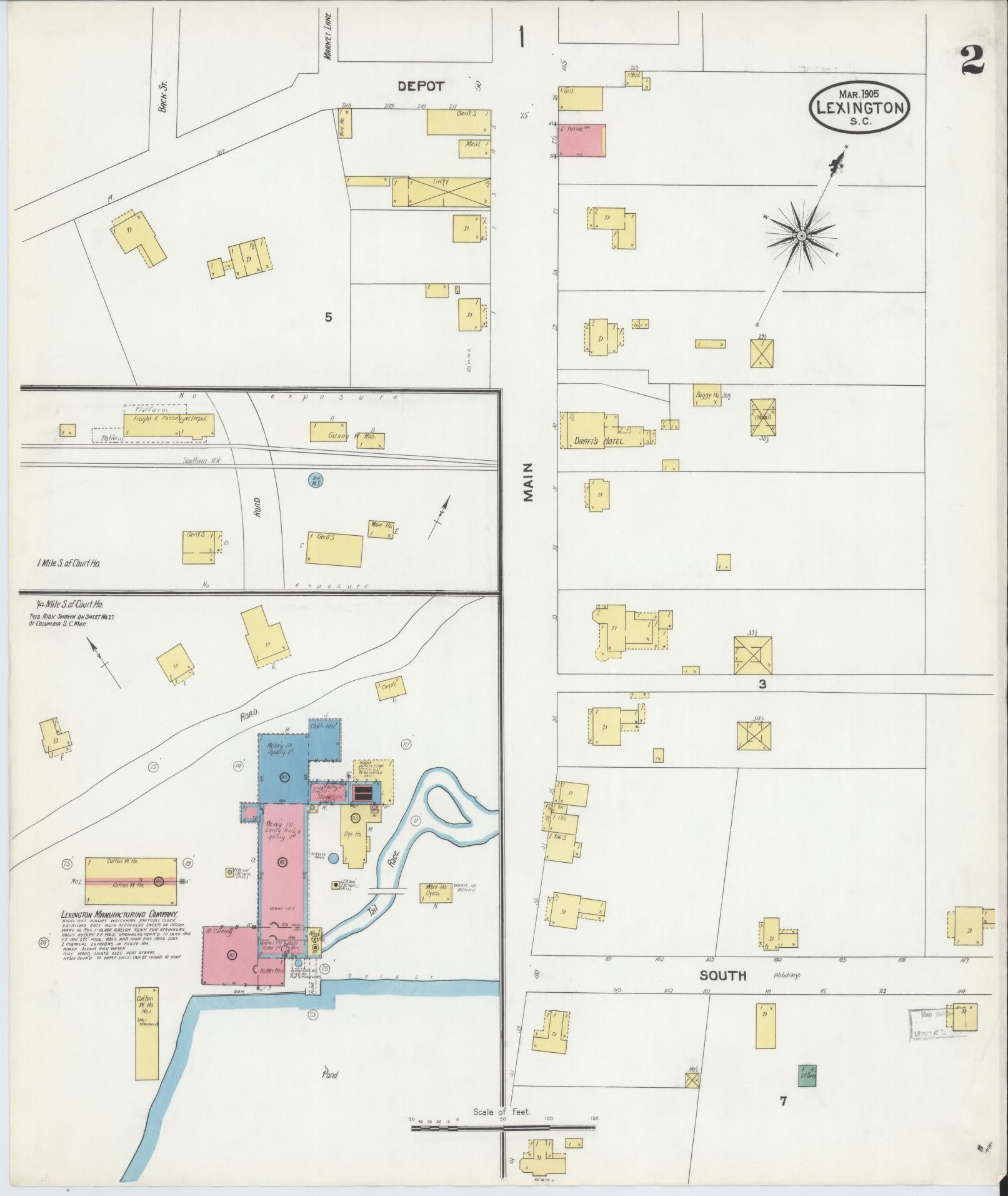 Sanborn Fire Insurance Map from Lexington, Lexington County, South Carolina (1905), Sheet #0002 - Complete Map Set gallery image, historic Sanborn map, vintage wall art, South Carolina South Carolina