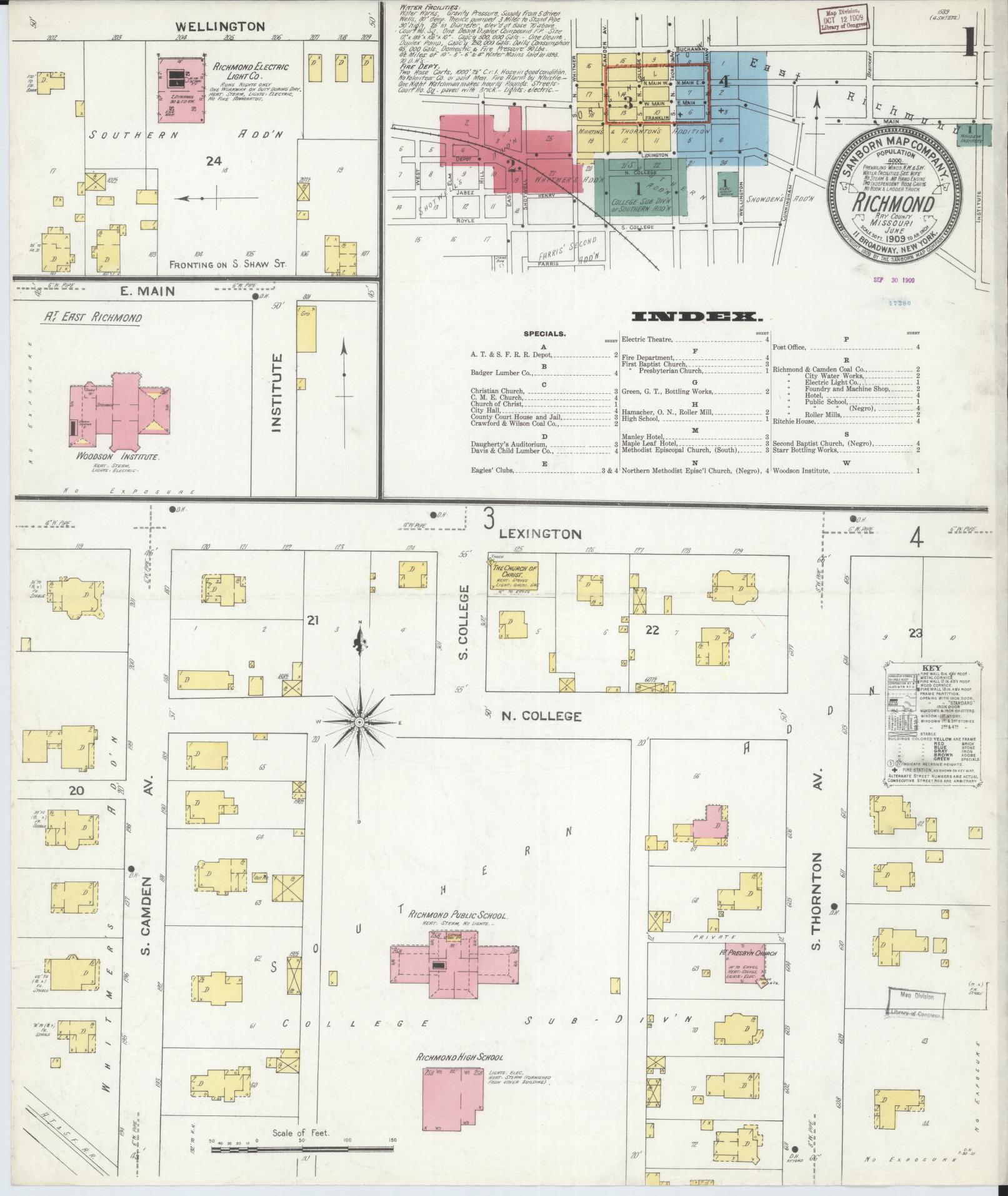 Sanborn Fire Insurance Map from Richmond, Ray County, Missouri (1909), Sheet #0001 - Historic Sanborn Fire Insurance Map Print, vintage old map wall art, antique decor, genealogy gift, Missouri Missouri map