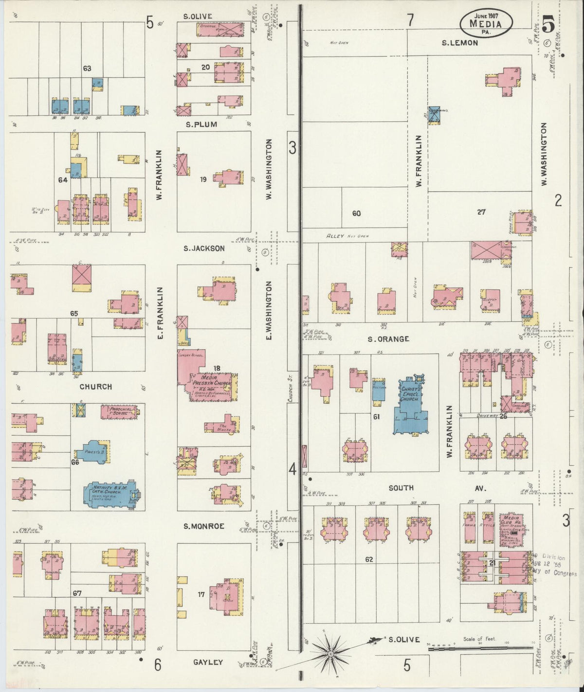 Sanborn Fire Insurance Map from Media, Delaware County, Pennsylvania (1907), Sheet #0005 - Historic Sanborn Fire Insurance Map Print, vintage old map wall art, antique decor, genealogy gift, Pennsylvania Pennsylvania map