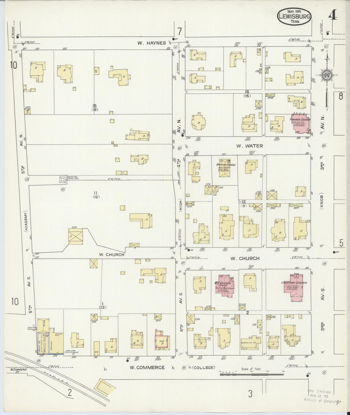 Sanborn Fire Insurance Map from Lewisburg, Marshall County, Tennessee (1914), Sheet #0004 - Complete Map Set gallery image, historic Sanborn map, vintage wall art, Tennessee Tennessee
