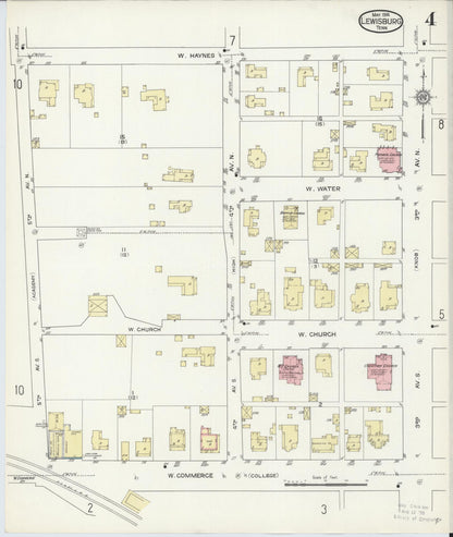 Sanborn Fire Insurance Map from Lewisburg, Marshall County, Tennessee (1914), Sheet #0004 - Complete Map Set gallery image, historic Sanborn map, vintage wall art, Tennessee Tennessee