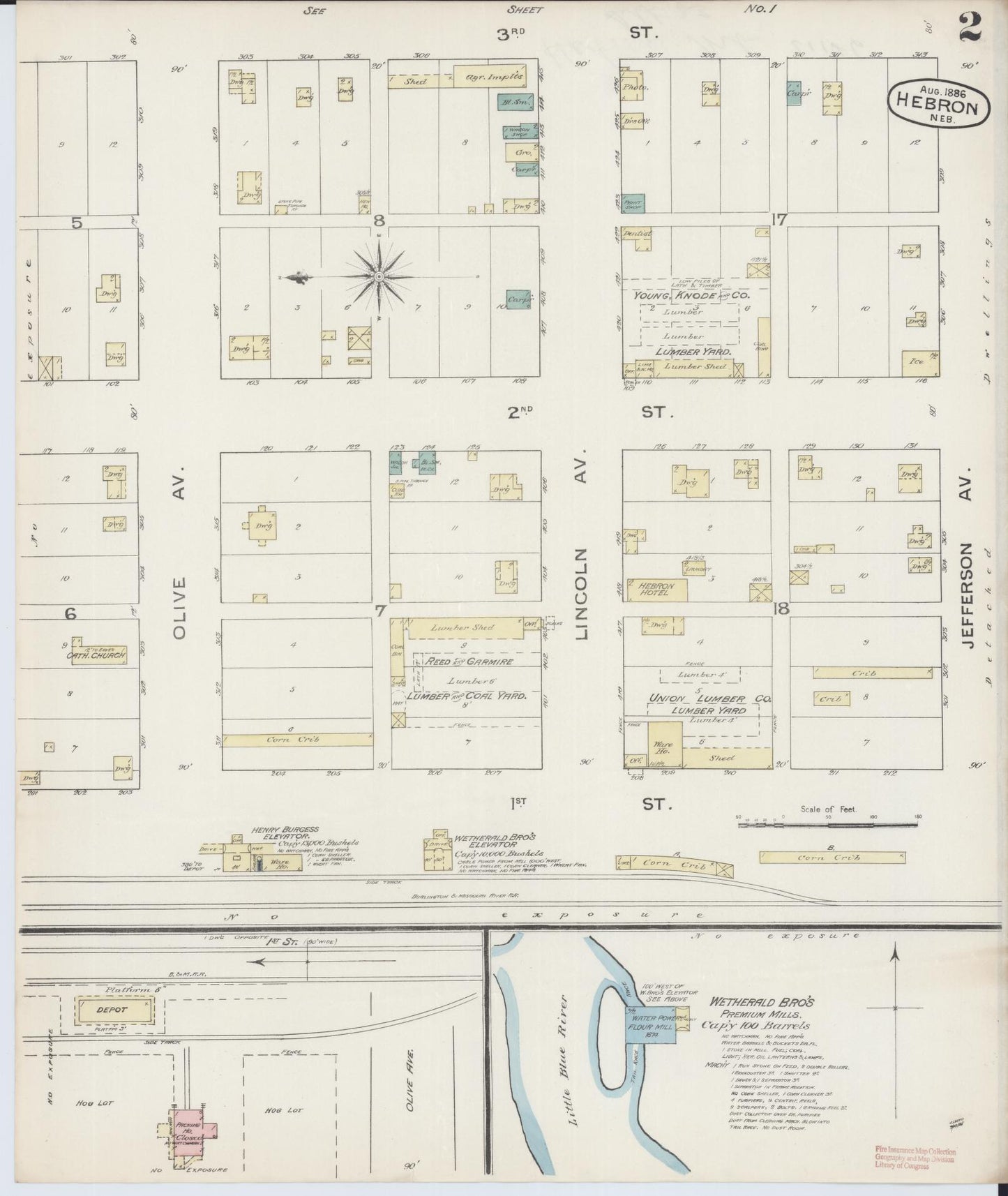 Sanborn Fire Insurance Map from Hebron, Thayer County, Nebraska (1886), Sheet #0002 - Complete Map Set gallery image, historic Sanborn map, vintage wall art, Nebraska Nebraska