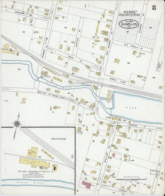 Sanborn Fire Insurance Map from Dunellen, Middlesex County, New Jersey (1919), Sheet #0008 - Historic Sanborn Fire Insurance Map Print, vintage old map wall art, antique decor, genealogy gift, New Jersey New Jersey map