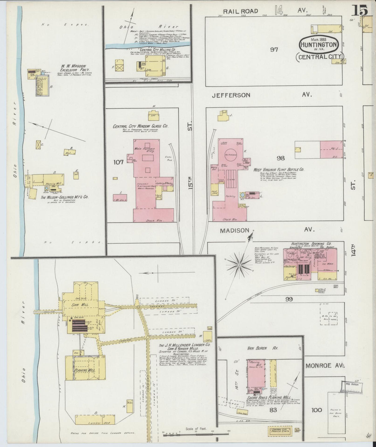 Sanborn Fire Insurance Map from Huntington, Cabell County, West Virginia (1893), Sheet #0015 - Historic Sanborn Fire Insurance Map Print, vintage old map wall art, antique decor, genealogy gift, West Virginia West Virginia map