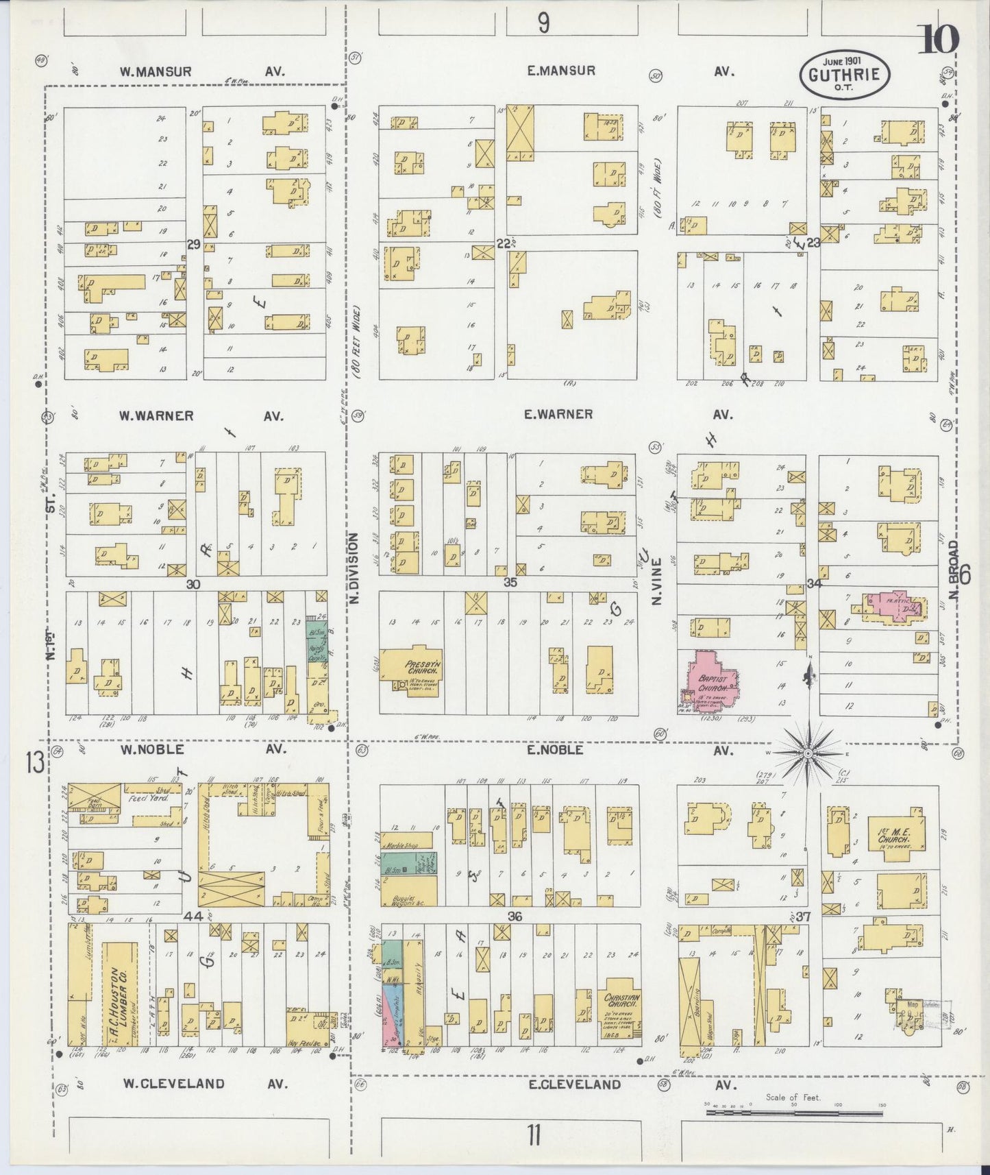 Sanborn Fire Insurance Map from Guthrie, Logan County, Oklahoma (1901), Sheet #0010 - Complete Map Set gallery image, historic Sanborn map, vintage wall art, Oklahoma Oklahoma