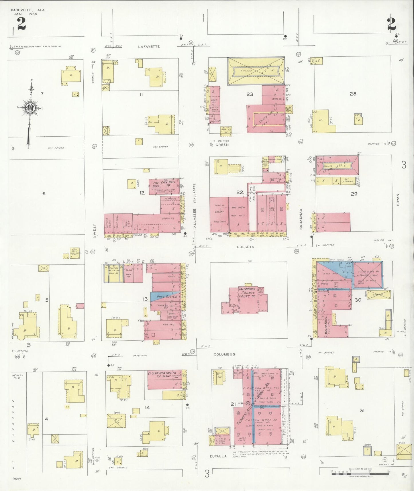 Sanborn Fire Insurance Map from Dadeville, Tallapoosa County, Alabama (1934), Sheet #0002 - Complete Map Set gallery image, historic Sanborn map, vintage wall art, Alabama Alabama