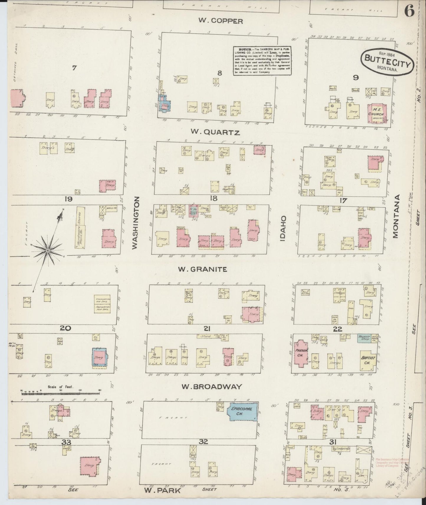 Sanborn Fire Insurance Map from Butte, Silver Bow County, Montana (1884), Sheet #0006 - Historic Sanborn Fire Insurance Map Print, vintage old map wall art, antique decor, genealogy gift, Montana Montana map