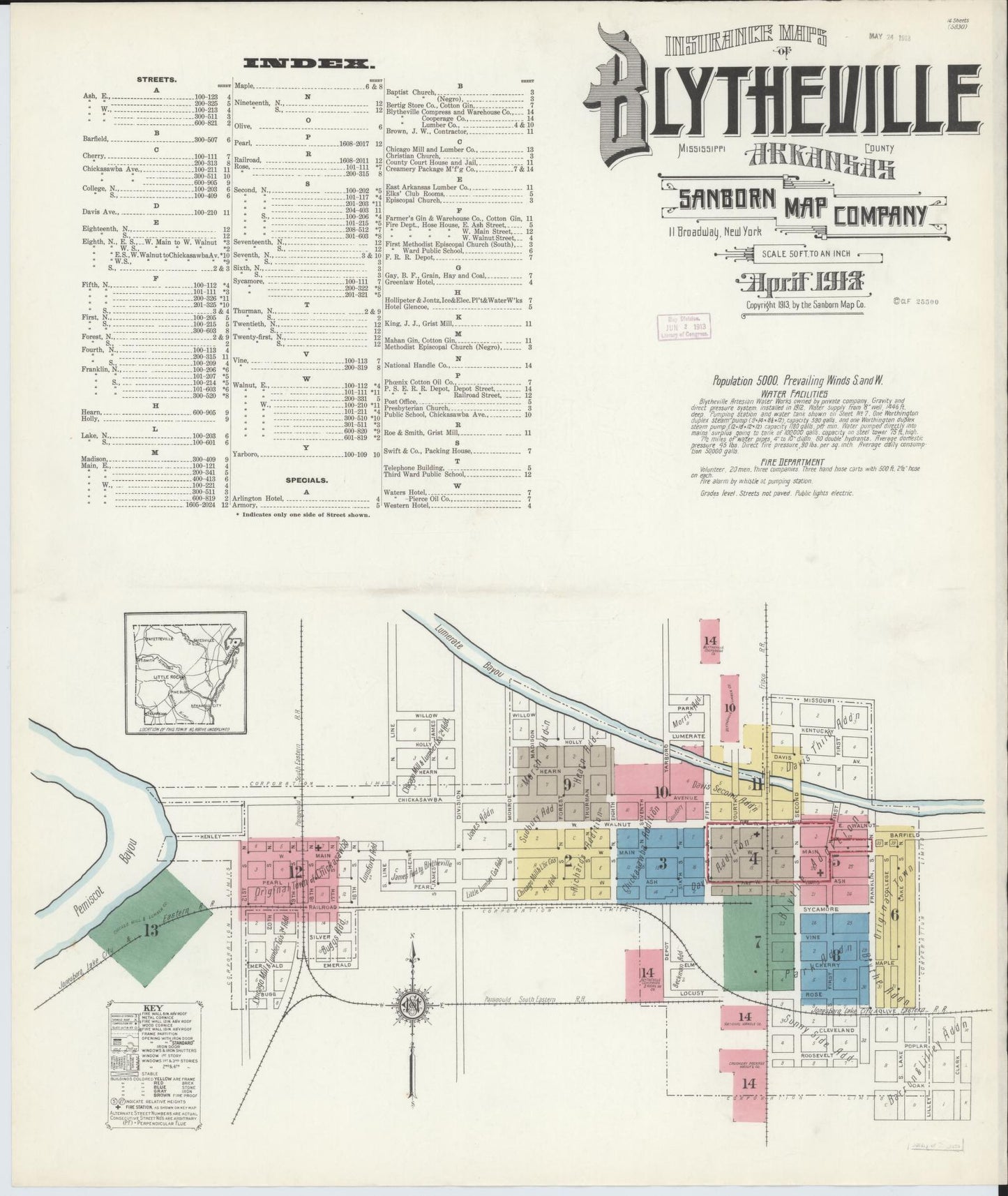 Sanborn Fire Insurance Map from Blytheville, Mississippi County, Arkansas (1913), Sheet #0001 - Historic Sanborn Fire Insurance Map Print, vintage old map wall art, antique decor, genealogy gift, Blytheville Mississippi map