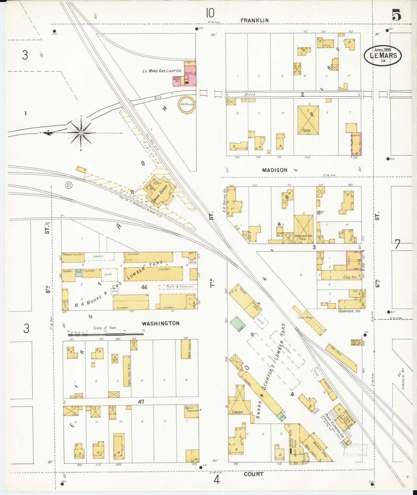 Sanborn Fire Insurance Map from Le Mars, Plymouth County, Iowa (1899), Sheet #0005 - Historic Sanborn Fire Insurance Map Print, vintage old map wall art