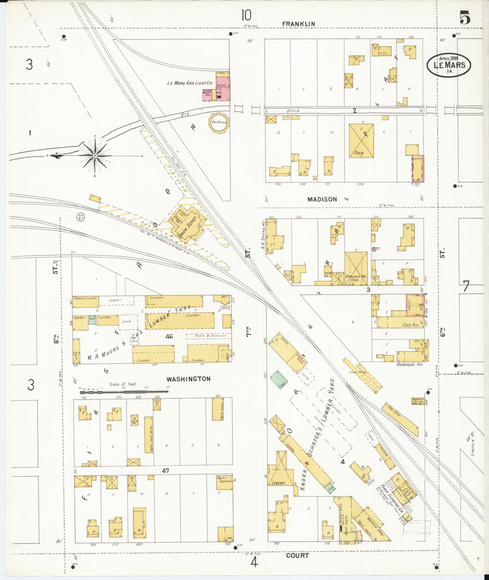 Sanborn Fire Insurance Map from Le Mars, Plymouth County, Iowa (1899), Sheet #0005 - Historic Sanborn Fire Insurance Map Print, vintage old map wall art