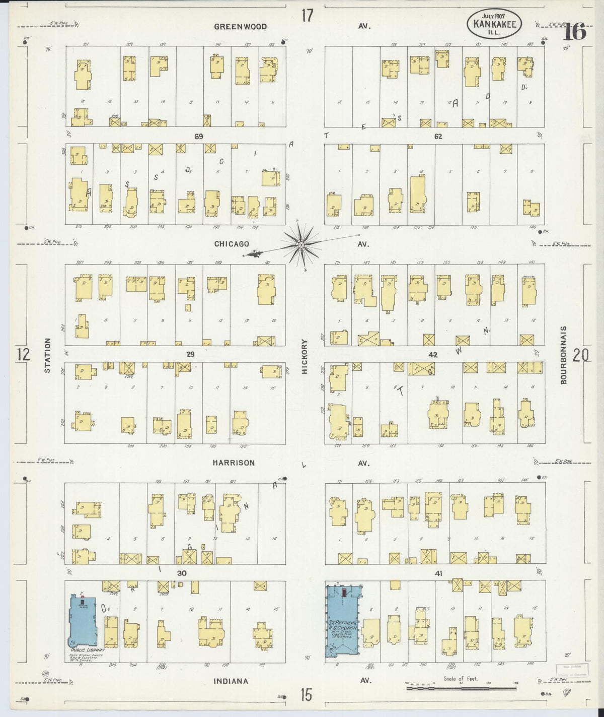 Sanborn Fire Insurance Map from Kankakee, Kankakee County, Illinois (1907), Sheet #0016 - Complete Map Set gallery image, historic Sanborn map, vintage wall art, Illinois Illinois