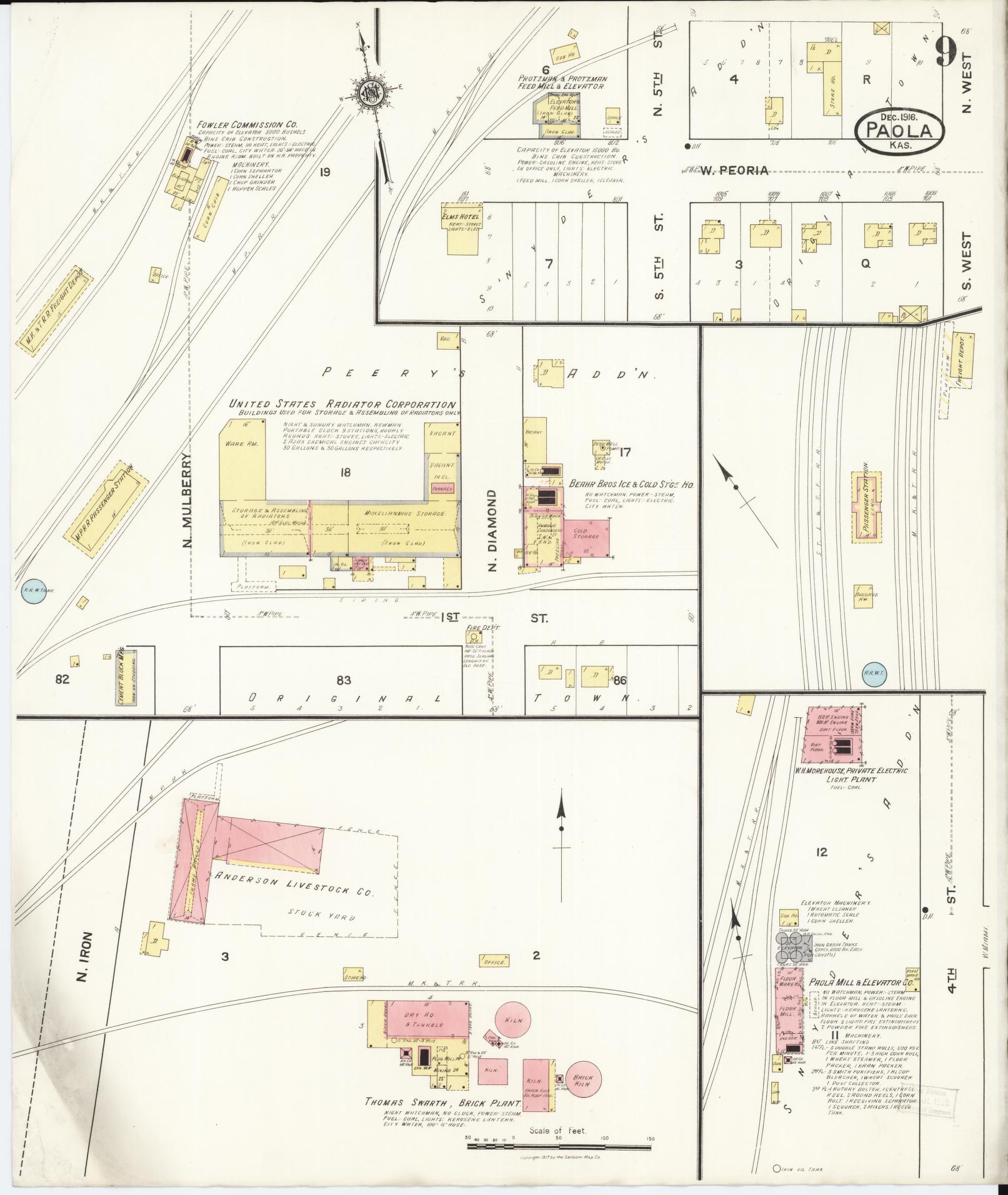Sanborn Fire Insurance Map from Paola, Miami County, Kansas (1916), Sheet #0009 - Historic Sanborn Fire Insurance Map Print, vintage old map wall art, antique decor, genealogy gift, Kansas Kansas map