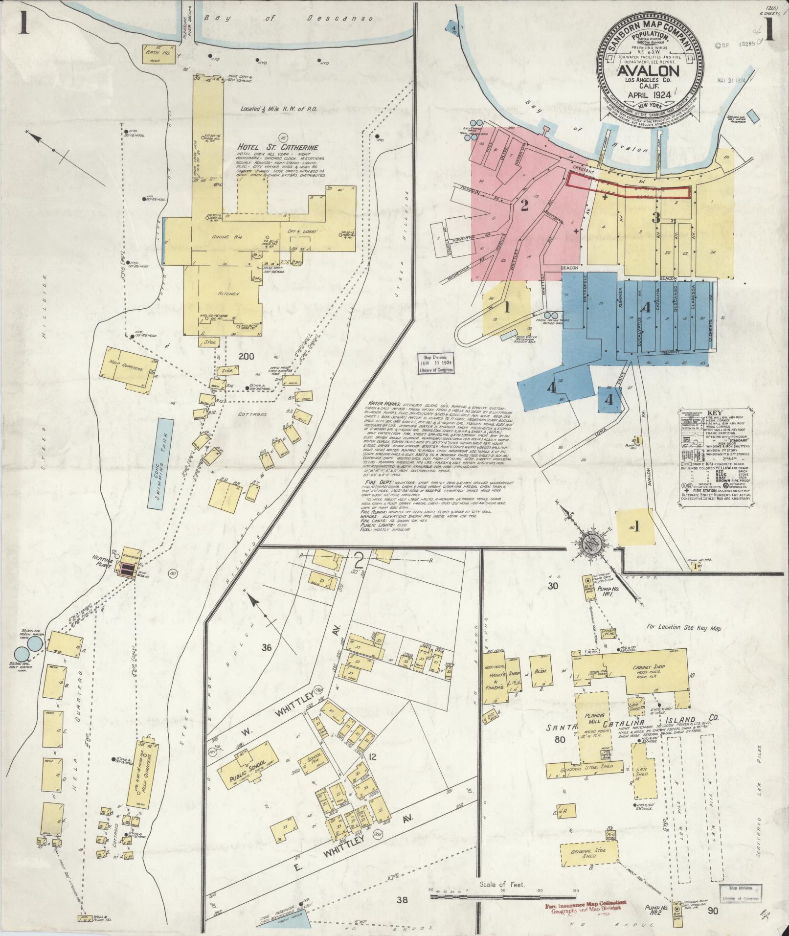 Sanborn Fire Insurance Map from Avalon, Los Angeles County, California (1924), Sheet #0001 - Historic Sanborn Fire Insurance Map Print, vintage old map wall art, antique decor, genealogy gift, California California map
