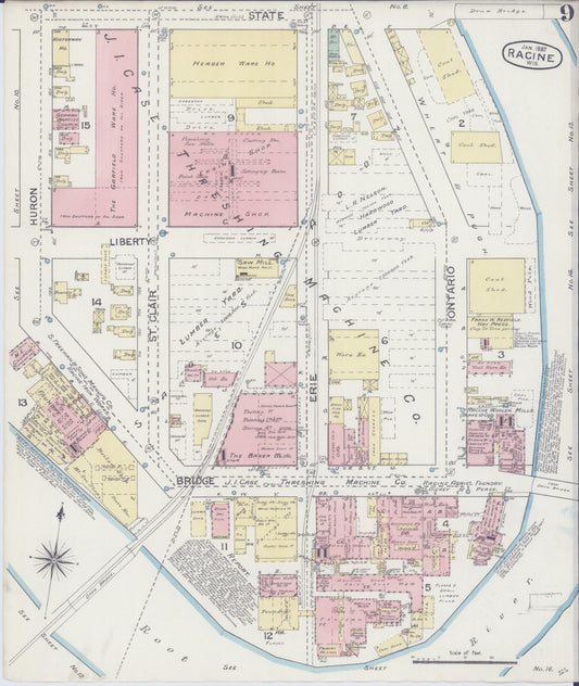 Sanborn Fire Insurance Map from Racine, Racine County, Wisconsin (1887), Sheet #0009 - Historic Sanborn Fire Insurance Map Print, vintage old map wall art, antique decor, genealogy gift, Wisconsin Wisconsin map