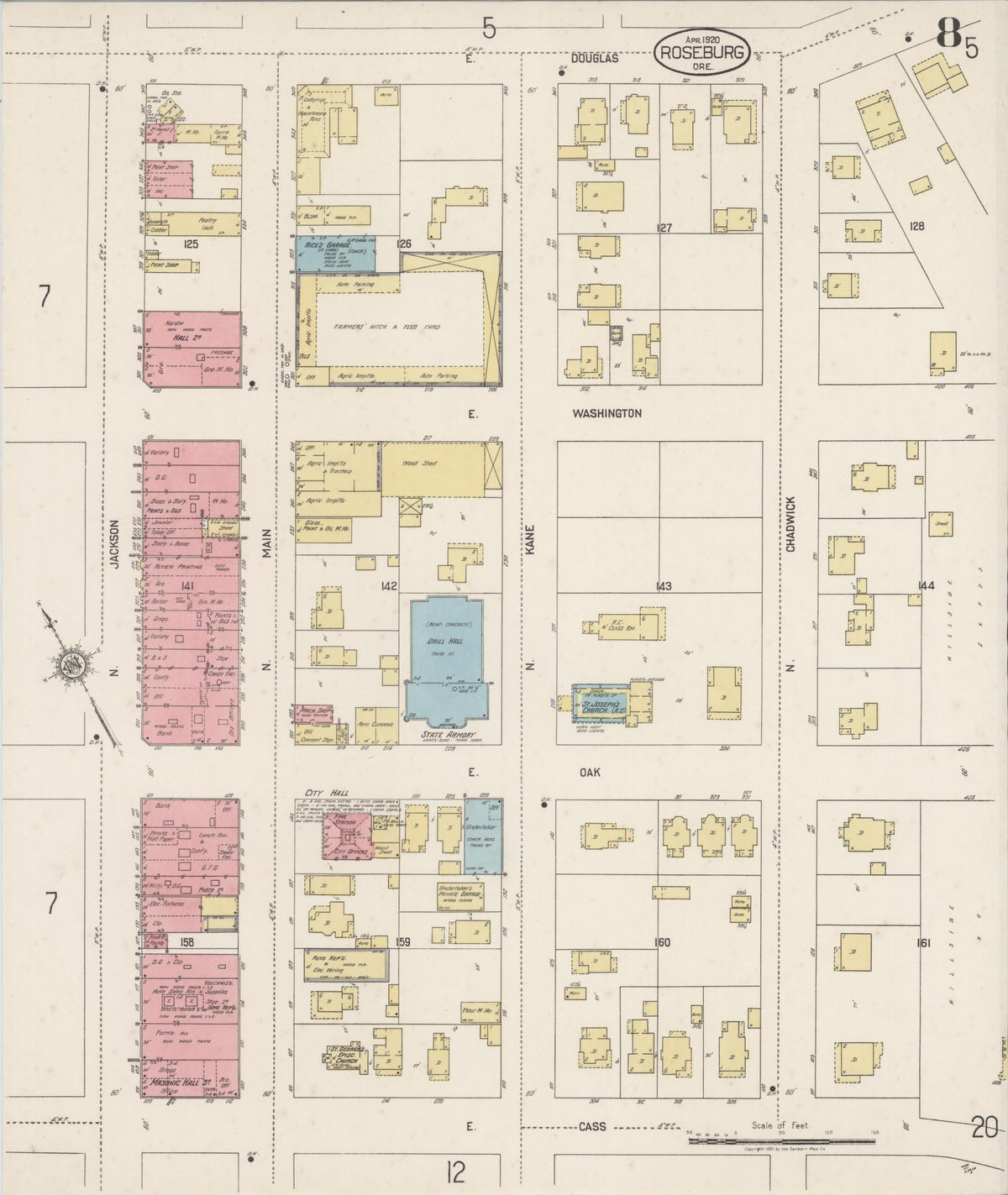 Sanborn Fire Insurance Map from Roseburg, Douglas County, Oregon (1920), Sheet #0008 - Historic Sanborn Fire Insurance Map Print, vintage old map wall art, antique decor, genealogy gift, Oregon Oregon map