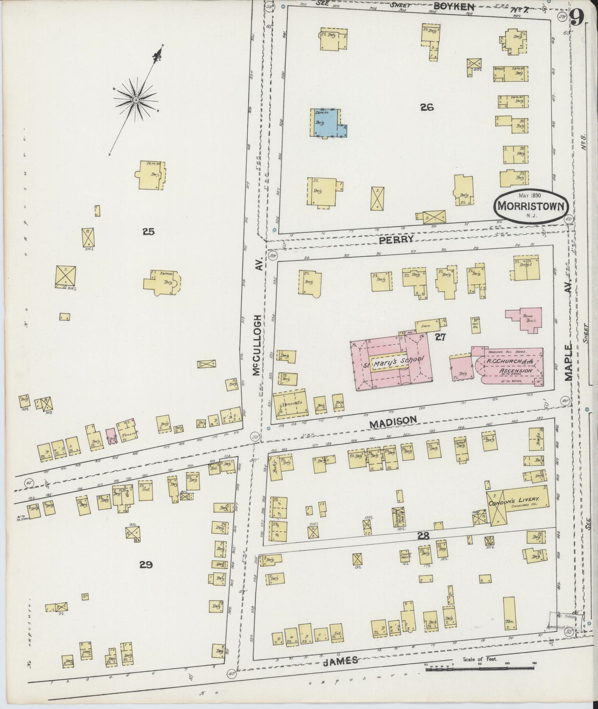 Sanborn Fire Insurance Map from Morristown, Morris County, New Jersey (1890), Sheet #0009 - Complete Map Set gallery image, historic Sanborn map, vintage wall art, New Jersey New Jersey