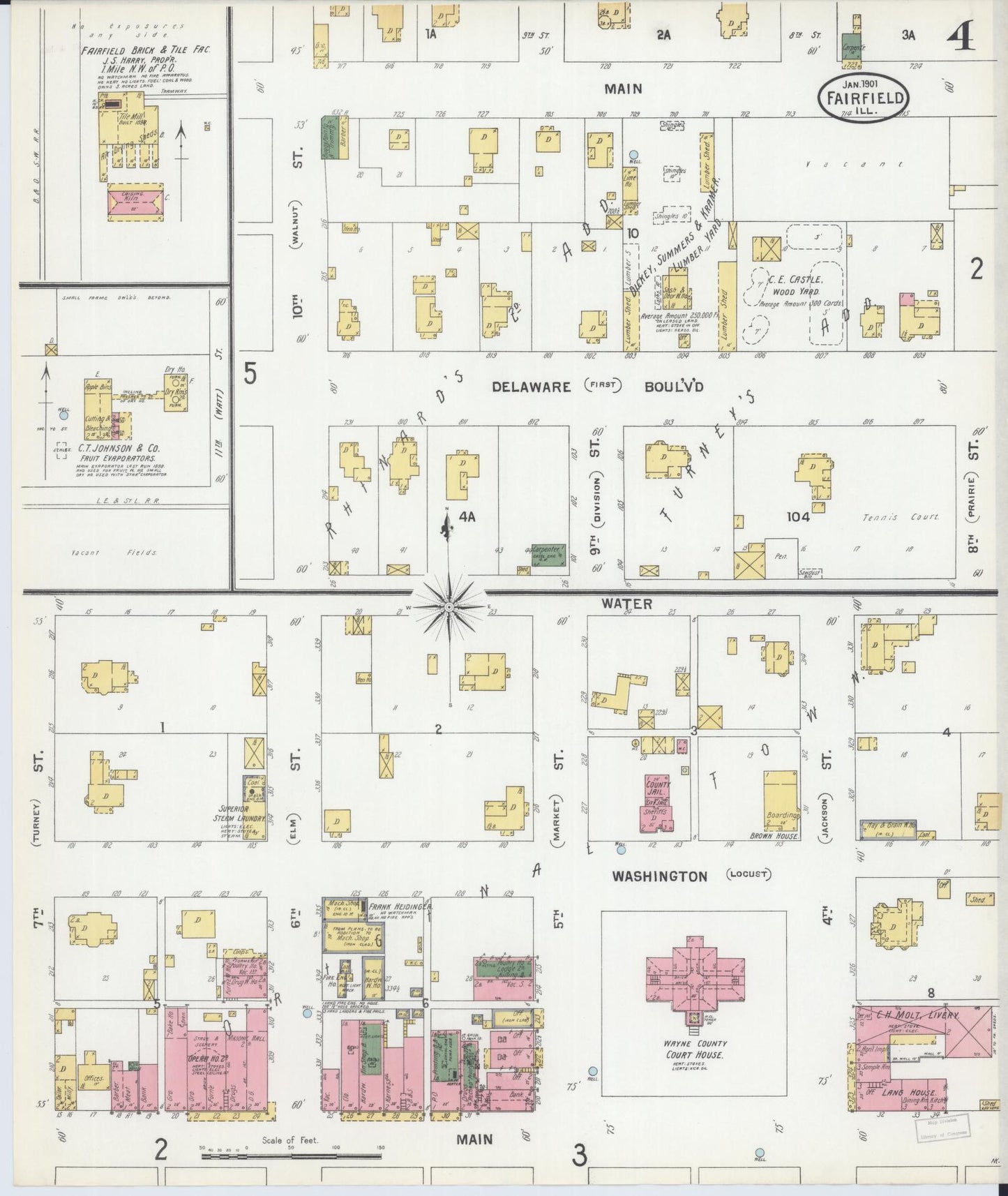Sanborn Fire Insurance Map from Fairfield, Wayne County, Illinois (1901), Sheet #0004 - Complete Map Set gallery image, historic Sanborn map, vintage wall art, Illinois Illinois