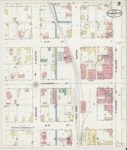 Sanborn Fire Insurance Map from Bloomington, Monroe County, Indiana (1892), Sheet #0003 - Historic Sanborn Fire Insurance Map Print, vintage old map wall art, antique decor, genealogy gift, Indiana Indiana map