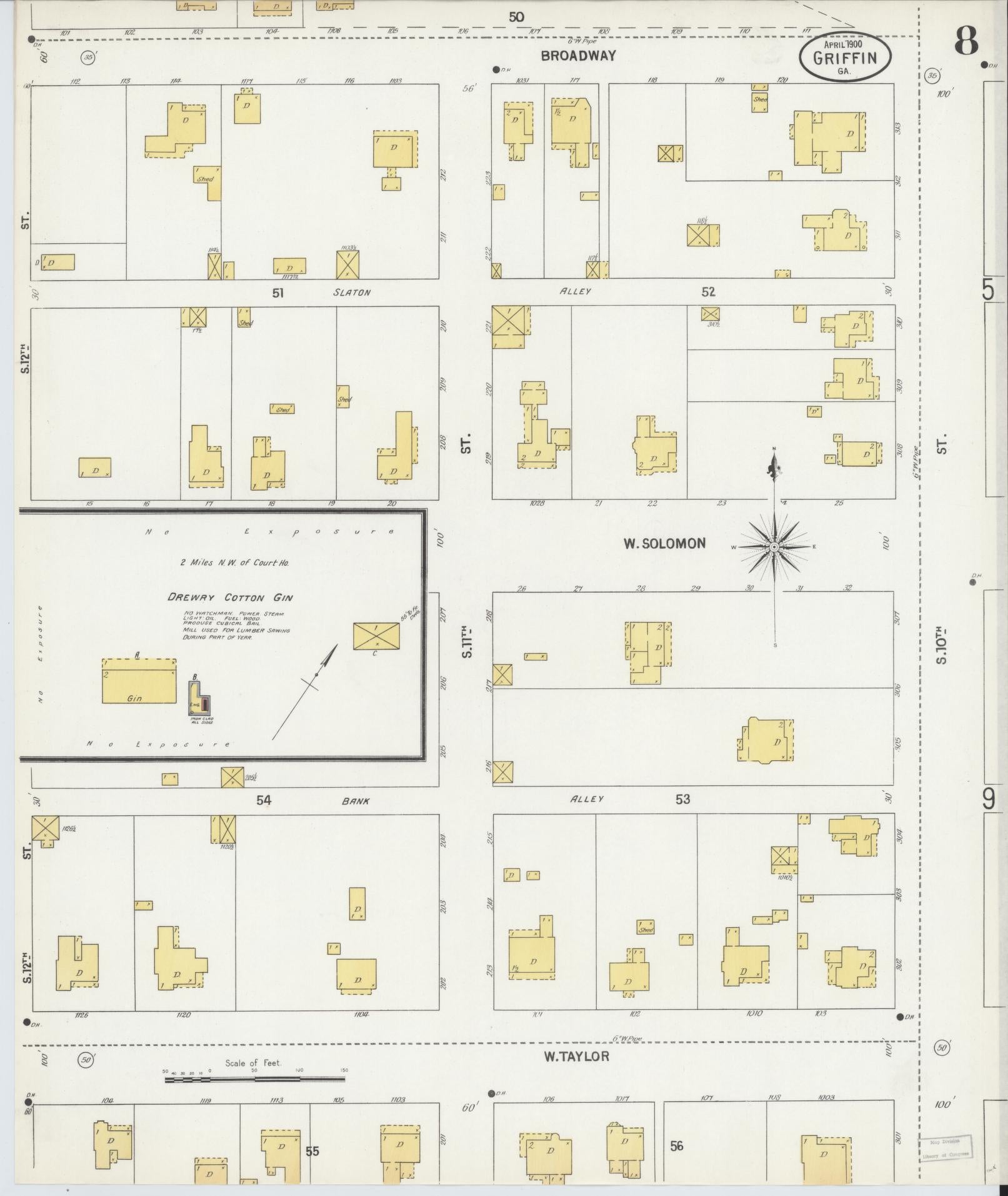 Sanborn Fire Insurance Map from Griffin, Spalding County, Georgia (1900), Sheet #0008 - Complete Map Set gallery image, historic Sanborn map, vintage wall art, Georgia Georgia