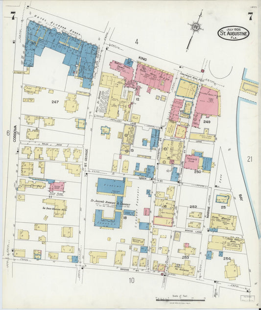Sanborn Fire Insurance Map from Saint Augustine, Saint John's County, Florida (1924), Sheet #0007 - Historic Sanborn Fire Insurance Map Print, vintage old map wall art, antique decor, genealogy gift, Florida Florida map